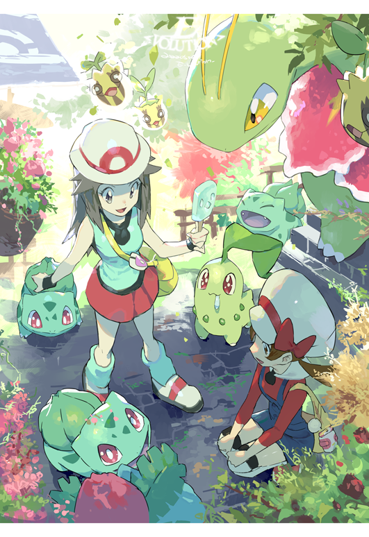 antennae brown_hair bucket_hat bulbasaur cabbie_hat drooling e_volution fangs flower food hat ivysaur leaf leaf_(pokemon) lyra_(pokemon) meganium open_mouth plant pokemon pokemon_(creature) pokemon_(game) pokemon_frlg pokemon_oras popsicle seiza sitting skirt standing sunkern