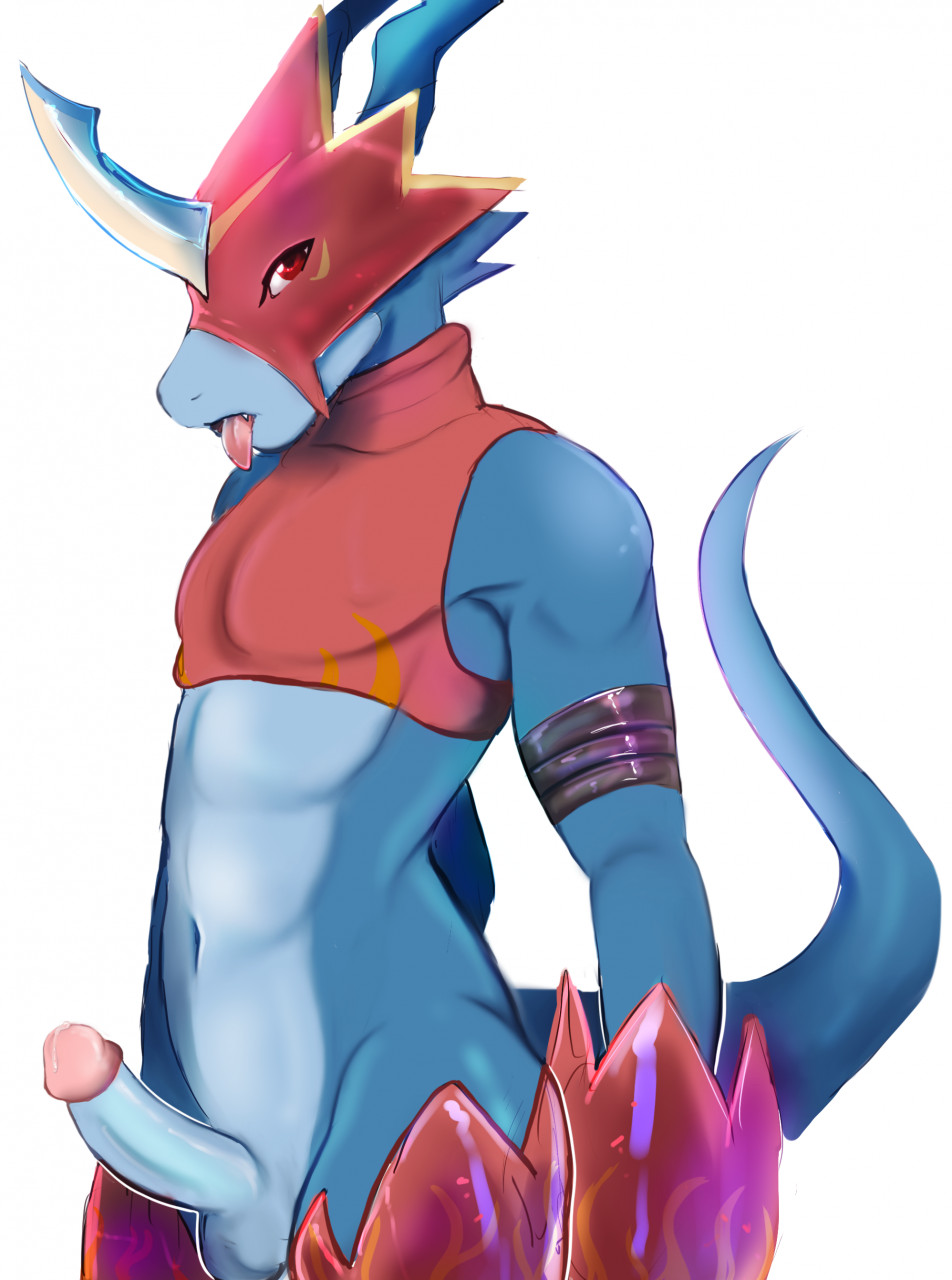 abs anthro armor asikku balls bandai_namco belt blue_body bottomless clothed clothing digimon digimon_(species) erection flamedramon genitals headgear helmet hi_res male navel penis red_eyes small_waist solo tongue tongue_out