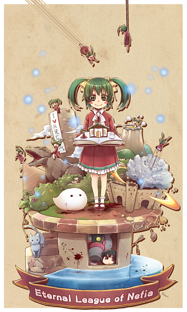 &gt;_&lt; 1girl air_bubble arrow_(projectile) bangs bathing blood blood_stain blush_stickers bobby_socks book bow bowtie broken_arrow brown_background bubble bush carrying_over_shoulder cat cloud crack dinosaur double_bun dress elona explosion flower flying green_eyes green_hair hair_bow hanged holding holding_weapon jumping light_particles long_sleeves looking_at_viewer minigirl misono_mitama noose onsen open_book partially_submerged planted planted_arrow pop-up_book putit_(elona) pyramid red_dress red_footwear riding shoes smile snowman socks stairs standing steam straight-on tower twintails tyrannosaurus_rex weapon white_bow white_bowtie white_footwear younger_sister_(elona)