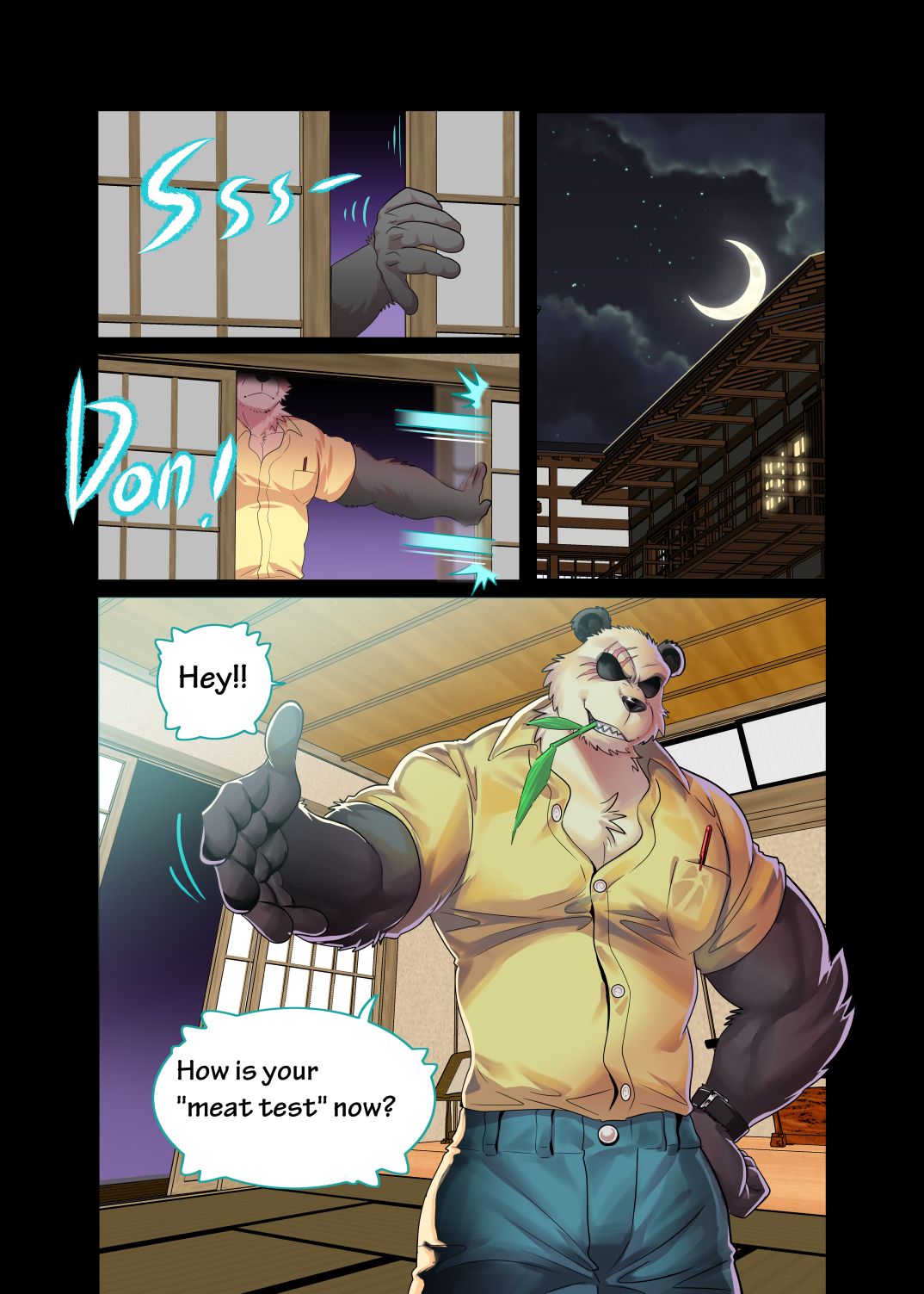 anthro beastars bottomwear building clothing cloud comic denim denim_clothing dialogue door door_slam giant_panda gouhin hi_res house inside jeans kumahachi male mammal moon muscular pants shirt solo text topwear ursid