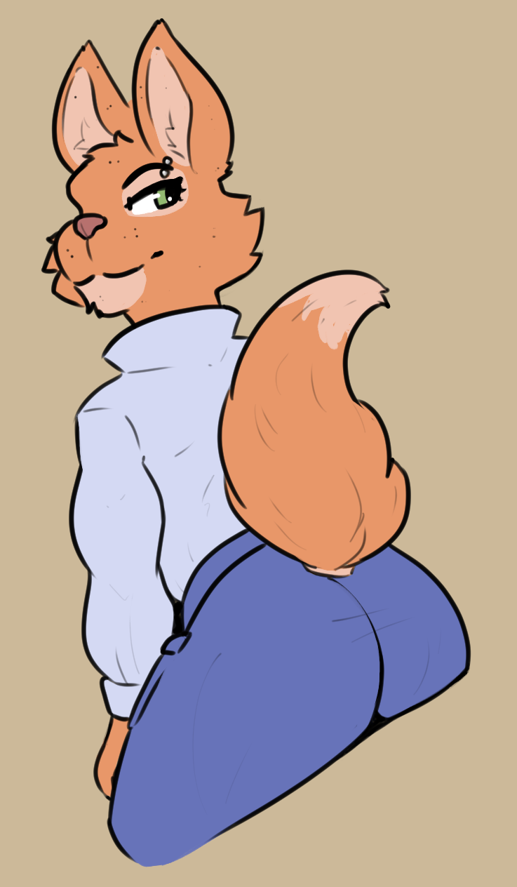 anthro butt canid canine clothed clothing diane_foxington dreamworks female fox fur green_eyes hi_res mammal multicolored_body multicolored_fur orange_body orange_fur petsoftthings_(artist) piercing presenting presenting_hindquarters raised_tail rear_view smile smirk solo the_bad_guys two_tone_body two_tone_fur