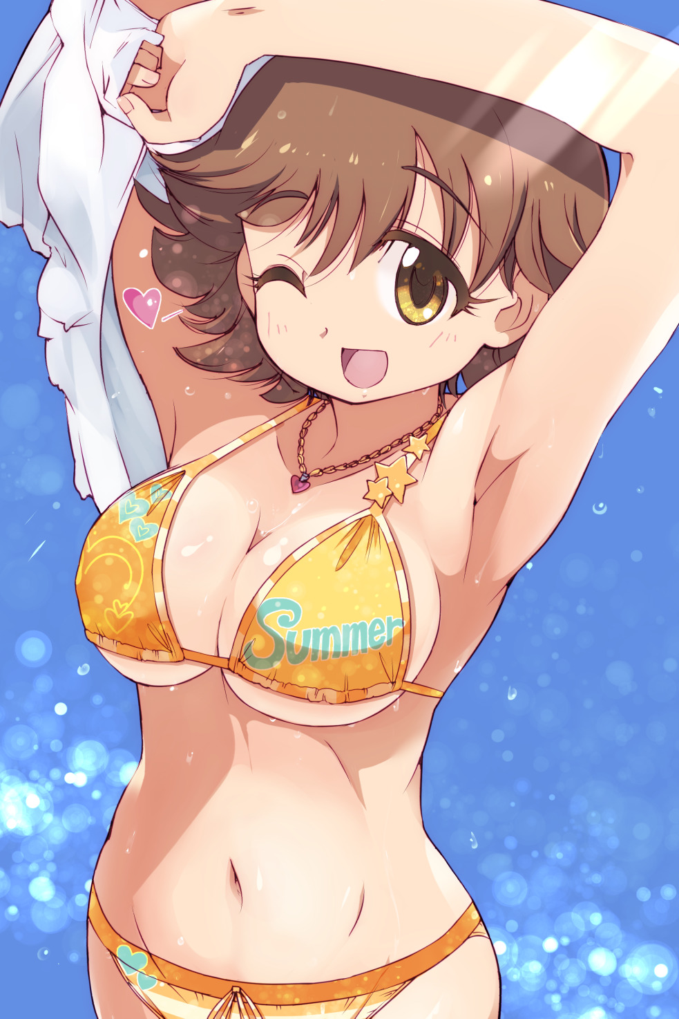 4040_(abonriya) armpits arms_up bangs bikini blue_background blush breasts brown_hair bubble_background cleavage commentary_request eyebrows_visible_through_hair eyelashes heart heart_necklace highres honda_mio idolmaster idolmaster_cinderella_girls jewelry large_breasts looking_at_viewer navel necklace one_eye_closed open_mouth orange_bikini print_bikini shirt shirt_removed short_hair smile solo star_(symbol) stomach swimsuit wet white_shirt yellow_eyes
