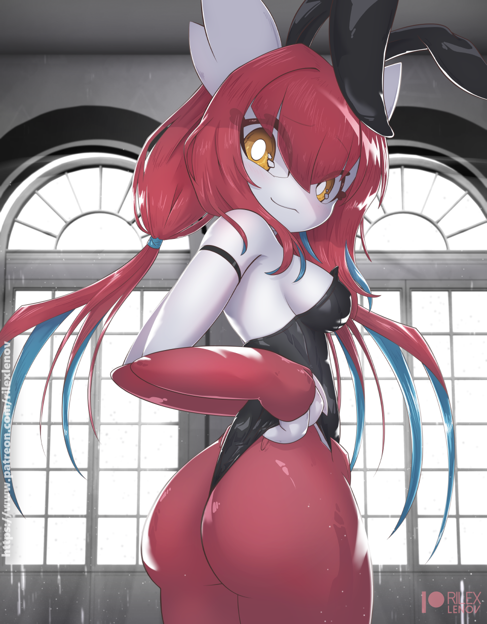 2022 anthro anthrofied big_butt blush breasts bunny_costume butt clothing clothing_pull costume fake_ears female hair hi_res humanoid latias legendary_pok&eacute;mon legwear leotard leotard_pull long_hair looking_at_viewer looking_back nintendo pok&eacute;mon pok&eacute;mon_(species) pok&eacute;mon_humanoid pok&eacute;morph red_hair rilex_lenov smile solo video_games yellow_eyes