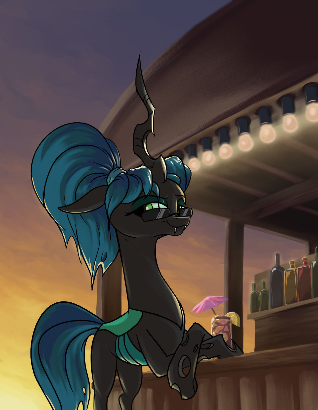 arthropod beverage black_body blue_hair blue_tail changeling container cup fangs female feral friendship_is_magic green_eyes hair half-closed_eyes hasbro hi_res horn ice my_little_pony narrowed_eyes ponytail queen_chrysalis_(mlp) rocket-lawnchair smile solo