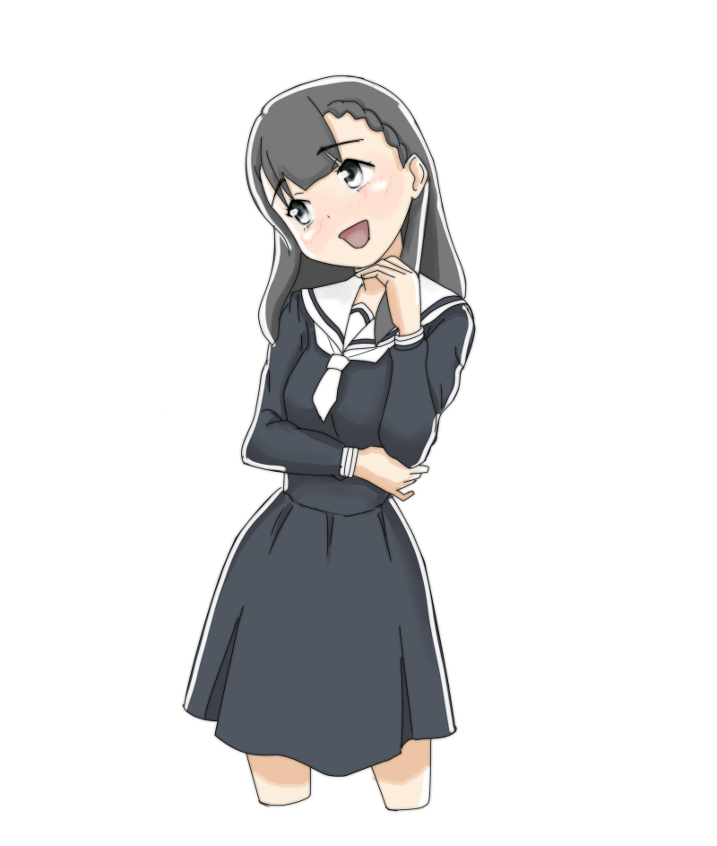 1girl :d arm_across_waist black_shirt black_skirt blush braid brown_hair hair_between_eyes hand_up head_tilt long_hair long_sleeves mal_(malmlamal) school_uniform serafuku shiraishi_yuzuki shirt simple_background skirt smile solo sora_yori_mo_tooi_basho white_background