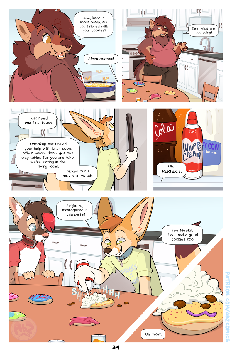 2021 appliance ash_(abz) beverage biped blue_eyes cabinets canid canine canis clothing collar comic dairy_products detailed_background dialgoue dialogue digital_media_(artwork) eating female fennec fink_(artist) fluffy fluffy_tail food fox fridge furniture green_eyes group hair hi_res kali_(artist) kitchen_appliance long_tail male mammal miko_(abz) milk mink mustelid musteline red_hair sink sitting smile soda speech_bubble table trio true_musteline whipped_cream zee_(abz)