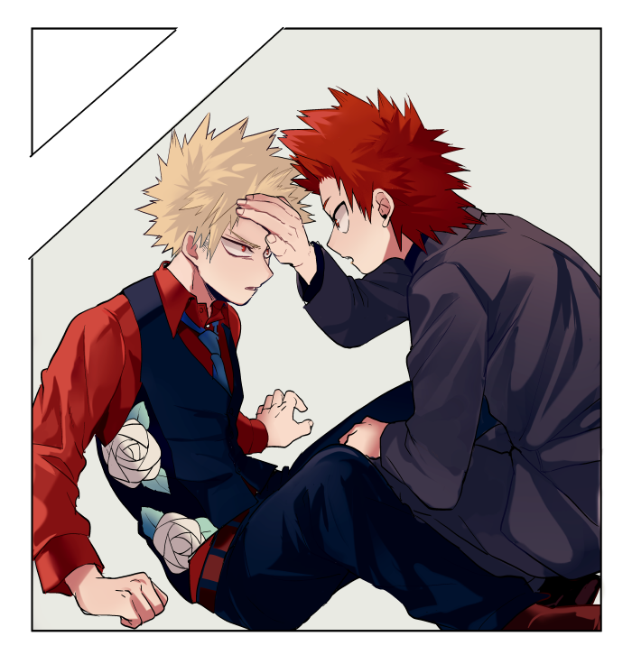 2boys bakugou_katsuki black_jacket black_pants black_vest blonde_hair blue_necktie boku_no_hero_academia border cai_(caiirocai) collared_shirt commentary_request eye_contact floral_print formal grey_background hand_on_another's_face jacket kirishima_eijirou long_sleeves looking_at_another male_focus multiple_boys necktie official_alternate_costume open_mouth pants red_eyes red_hair red_shirt rose_print shirt short_hair simple_background sitting spiked_hair suit vest white_border