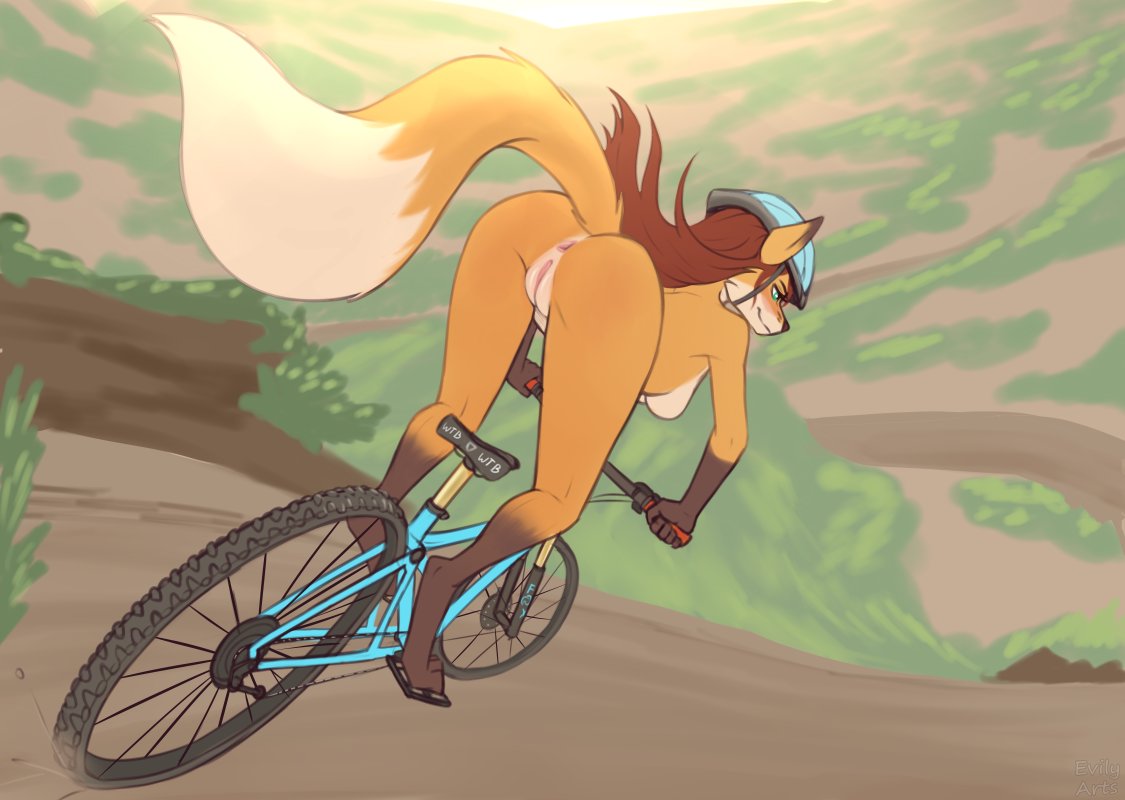 2022 anthro anus armor bicycle bicycle_helmet breasts brown_hair butt canid canine casual_nudity cycling detailed_background evilymasterful female fox fur genitals hair headgear headgear_only helmet helmet_only mammal orange_body orange_fur pussy rear_view side_boob solo