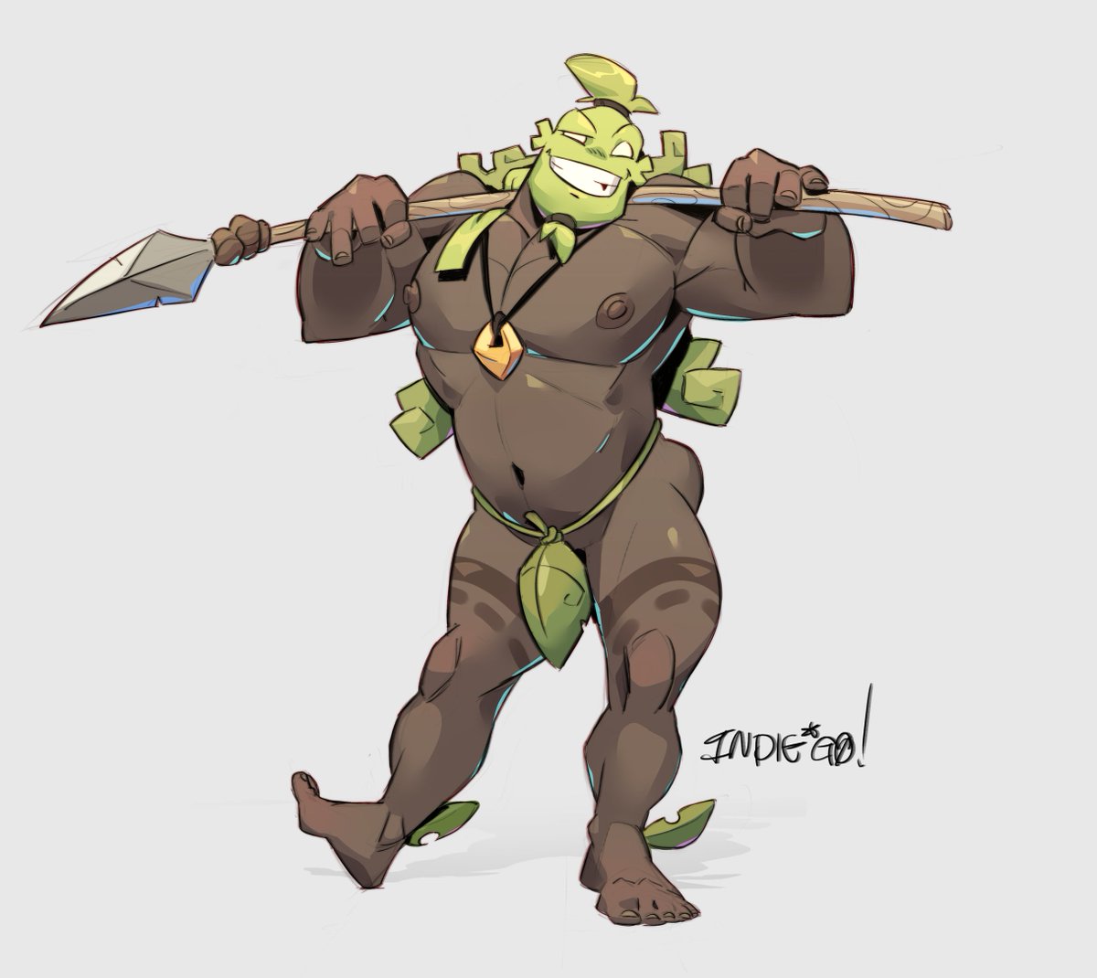 ankama arts_of_indiego brown_body brown_skin green_hair hair humanoid jewelry leaf leaf_clothing leaf_hair male melee_weapon muscular muscular_humanoid muscular_male navel necklace nipples not_furry pecs plant plant_hair polearm pseudo_hair sadida solo spear tattoo teeth video_games wakfu weapon