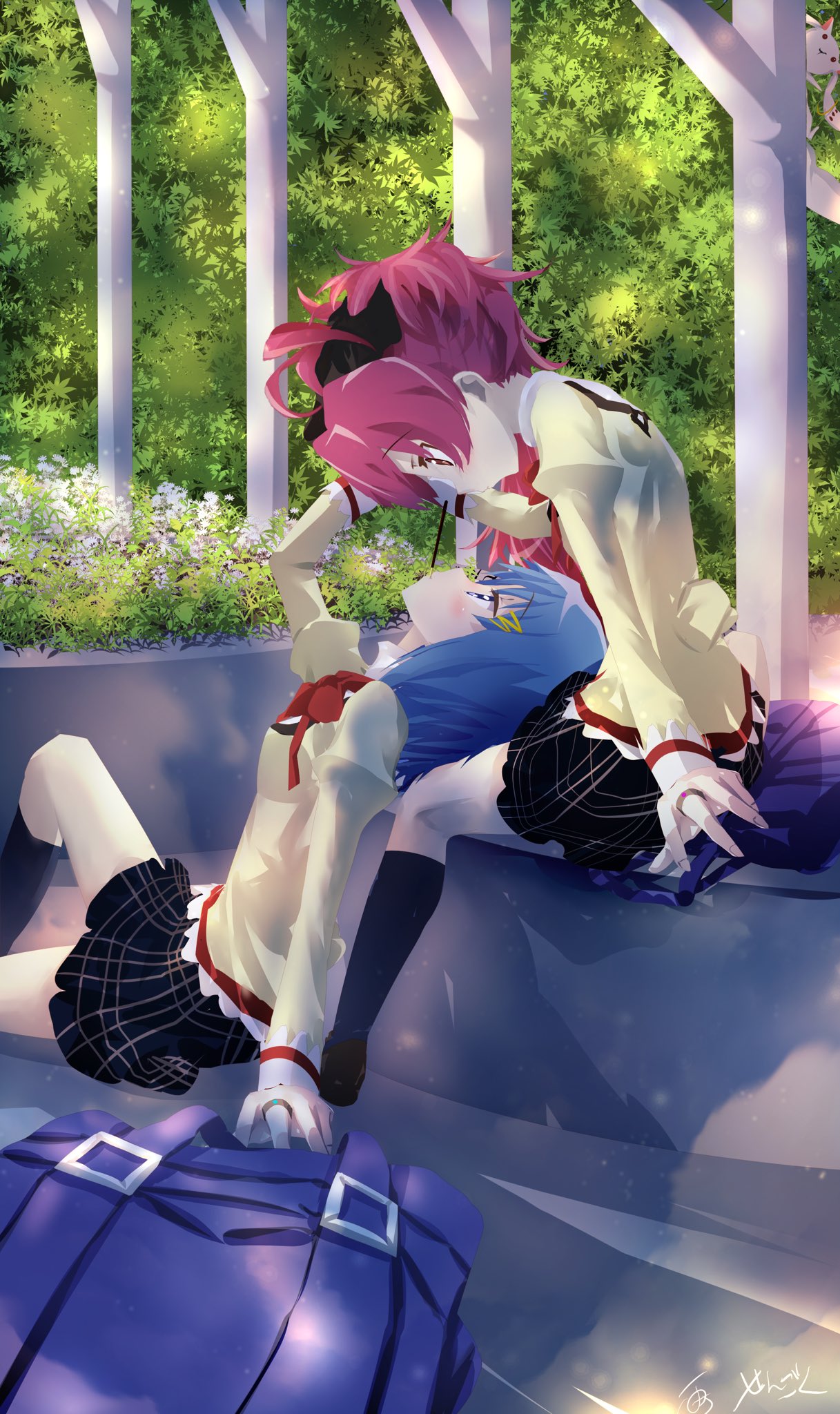 2girls bag black_legwear black_skirt blue_eyes blush dappled_sunlight eye_contact food hand_on_another's_cheek hand_on_another's_face highres jewelry looking_at_another mahou_shoujo_madoka_magica miki_sayaka mitakihara_school_uniform multiple_girls outdoors plaid plaid_skirt pocky pocky_kiss red_eyes red_hair ring sakura_kyouko school_bag school_uniform sengoku_chidori short_hair_with_long_locks skirt smile soul_gem sunlight yuri