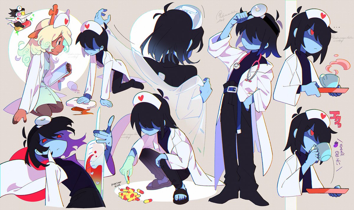 1boy 1girl 1other alternate_costume animal_ears black_coat black_hair blonde_hair blue_hair blue_skin closed_mouth coat colored_skin cup deer_antlers deer_ears deer_girl deltarune doctor drinking gradient_hair green_hair hair_between_eyes hair_over_one_eye hand_in_pocket hat heart holding holding_tray kris_(deltarune) labcoat large_syringe long_hair long_sleeves multicolored_hair multiple_views noelle_holiday nurse nurse_cap oversized_object pants pill senjochi_janai shaded_face simple_background spamton_g._spamton sparkle squatting stethoscope sunglasses symbol-only_commentary syringe tray twitter_username