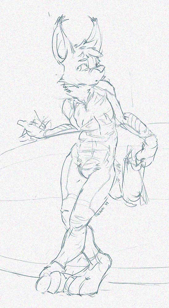2014 anthro biped bodysuit bulge cheek_tuft clothing crossed_legs dated ear_tuft eyebrows facial_tuft front_view hair looking_aside male messy_hair monochrome neck_tuft oselotti short_hair signature sketch skinsuit solo standing tight_clothing tuft