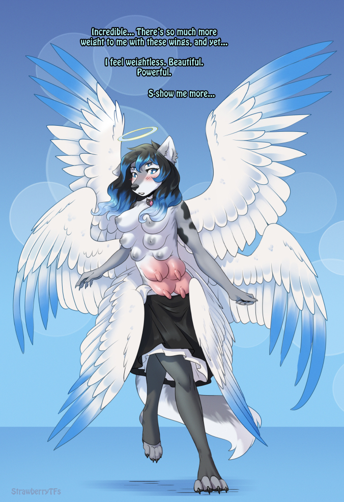 2022 4_eyes 6_breasts 6_wings angel anthro blush breasts canid clothed clothing collar dialogue digital_media_(artwork) english_text eye_growth feathers female fur grey_body grey_fur growth halo legwear mammal multi_breast multi_eye multi_wing nipples on_one_leg open_mouth pantyhose simple_background solo species_transformation standing strawberrytfs teats text topless transformation udder_growth udders white_body white_feathers wings