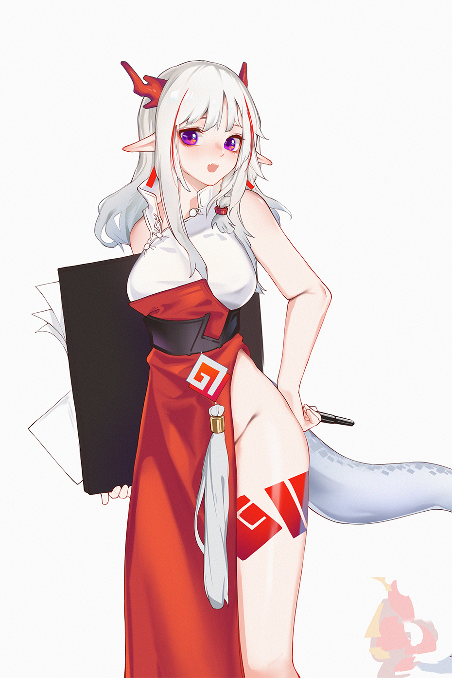 1girl alternate_costume arknights braid breasts dated_commentary dragon_girl dragon_horns dragon_tail dress earrings feet_out_of_frame flame-tipped_tail groin highres holding horns inniyik jewelry leg_tattoo long_hair looking_at_viewer medium_breasts multicolored_hair nian_(arknights) no_panties open_mouth purple_eyes red_dress red_hair simple_background sleeveless sleeveless_dress streaked_hair tail tassel tassel_earrings tattoo white_background white_hair