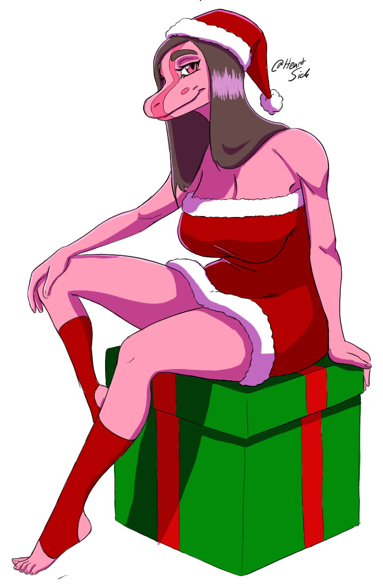 anthro big_breasts breasts brown_hair christmas christmas_clothing christmas_headwear christmas_present clothed clothing dinosaur female footwear goodbye_volcano_high hair headgear headwear holidays humanoid long_hair looking_at_viewer mature_female pink_body pink_eyes reptile scalie simple_background sitting skimpy_dress snoot_game_(fan_game) socks solo stacy's_mom_(gvh) unknown_artist white_background