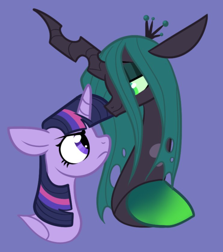arthropod black_body changeling crown duo equid equine eyelashes female feral friendship_is_magic green_eyes green_hair green_sclera hair half-closed_eyes hasbro horn looking_at_another mammal my_little_pony narrowed_eyes purple_background purple_body purple_eyes purple_hair queen_chrysalis_(mlp) rockin_candies simple_background twilight_sparkle_(mlp) winged_unicorn wings
