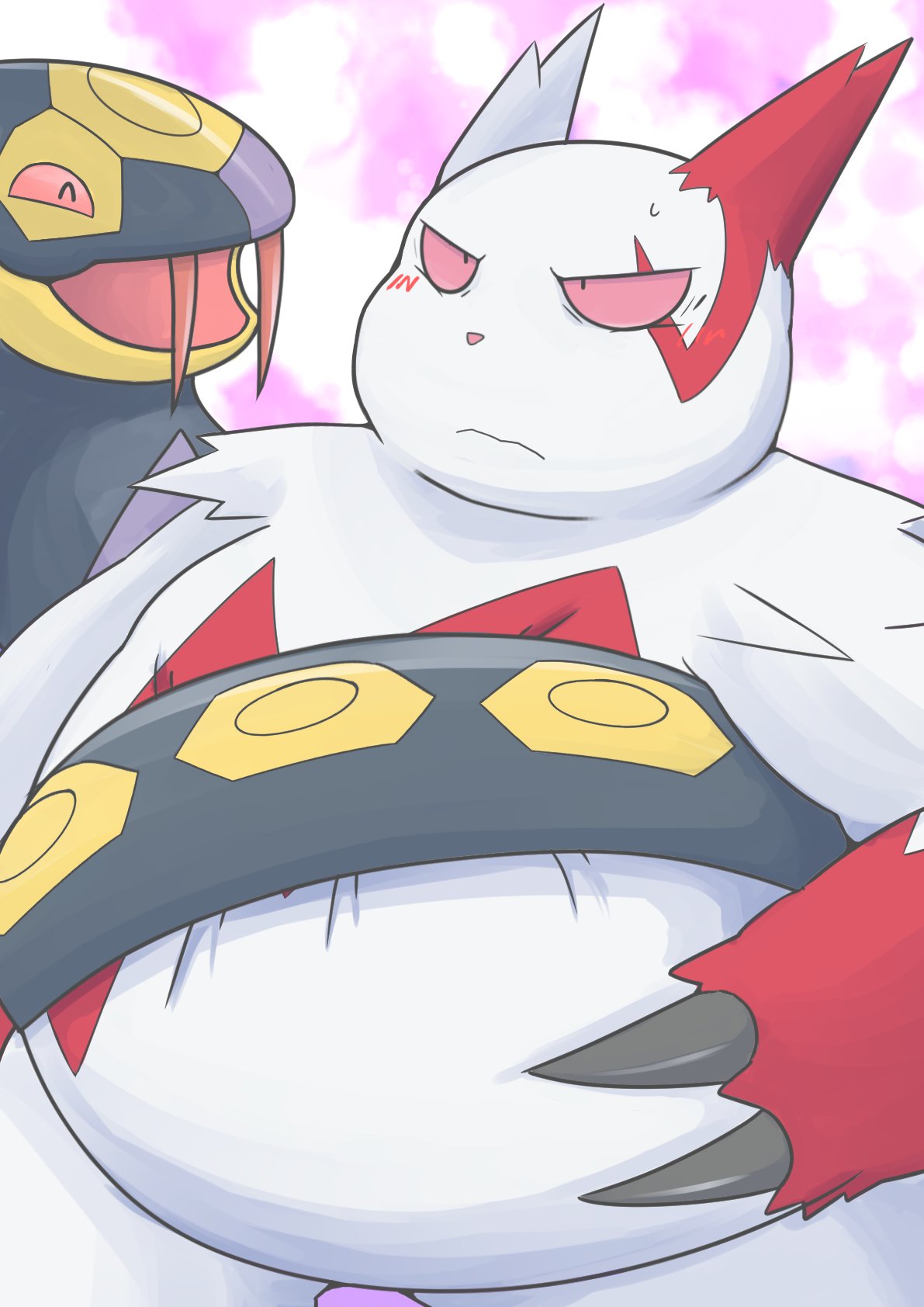 angry anthro black_body blush claws coiling duo embarrassed fangs feral fur hi_res marumu_5656 nintendo overweight pok&eacute;mon pok&eacute;mon_(species) reptile scalie seviper snake video_games white_body white_fur zangoose