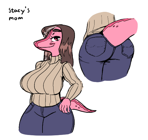 age_difference anthro big_breasts big_butt breasts brown_hair butt clothed clothing curvy_figure dinosaur female goodbye_volcano_high hair humanoid long_hair looking_at_viewer low_res mature_female older_female pink_body pink_eyes pink_skin rear_view reptile scalie short_tail simple_background snoot_game_(fan_game) solo stacy's_mom_(gvh) sweater topwear unknown_artist video_games voluptuous wide_hips
