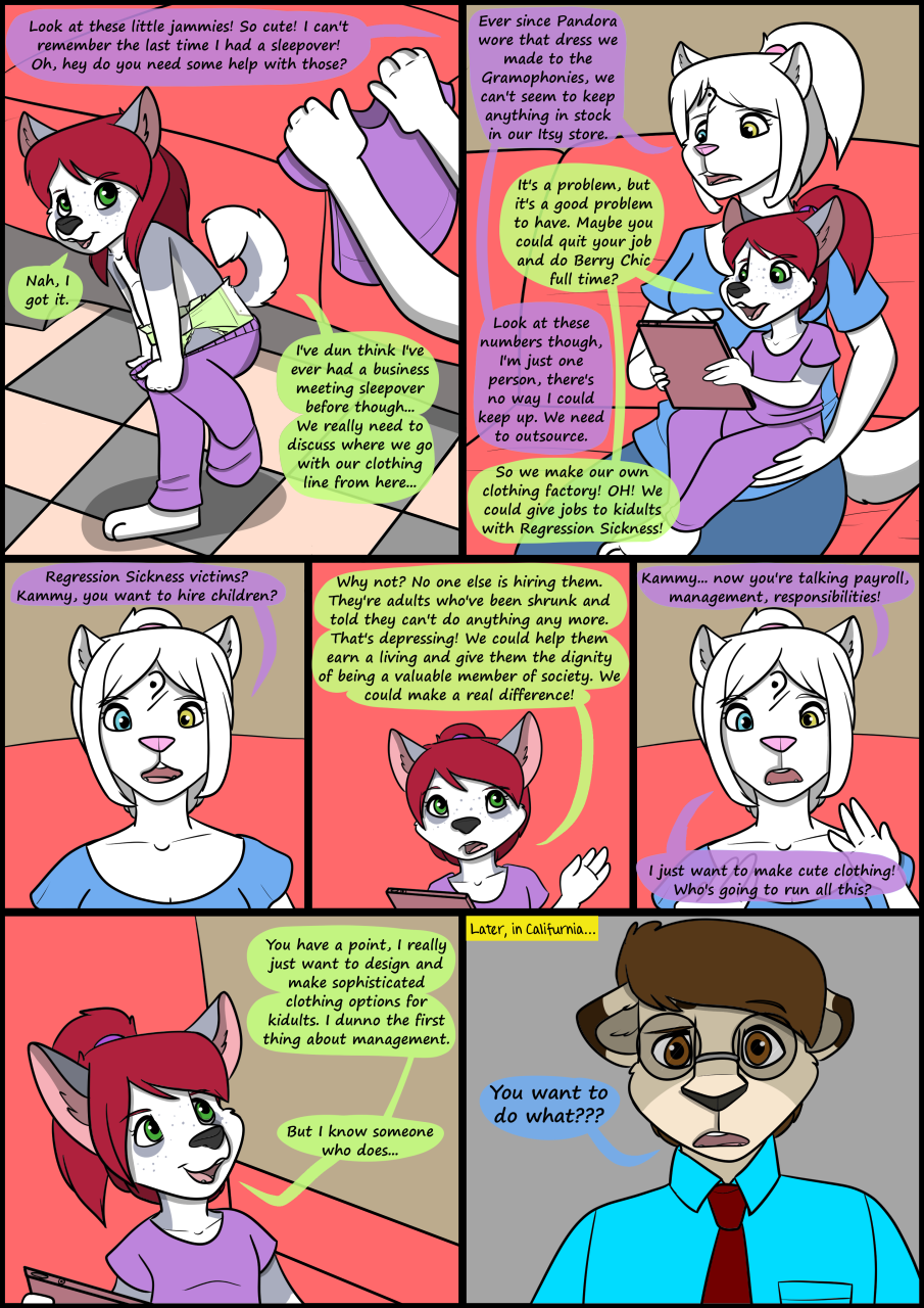 2018 anthro biped bottomwear clothing comic detailed_background dialogue diaper english_text female fur group hair hi_res kammypup kammypup_(artist) male pants shirt speech_bubble standing text topwear trio young
