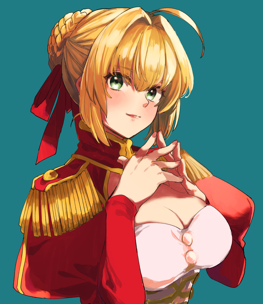 1girl ahoge bangs blonde_hair braid braided_bun breasts cleavage cleavage_cutout clothing_cutout dress epaulettes eyebrows_visible_through_hair eyes_visible_through_hair fate/extra fate/extra_ccc fate/grand_order fate_(series) fingers_together green_background green_eyes hair_bun hair_intakes hair_ribbon juliet_sleeves large_breasts long_sleeves looking_at_viewer meeko nero_claudius_(fate) nero_claudius_(fate/extra) own_hands_together pink_lips pink_nails portrait puffy_sleeves red_dress red_ribbon ribbon sidelocks simple_background smile solo