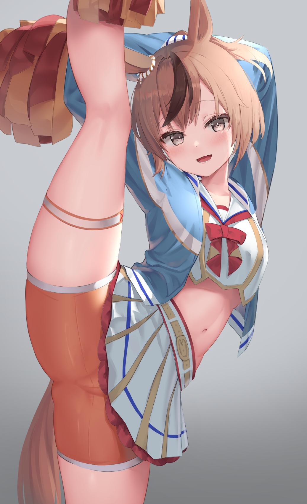 1girl :d animal_ears arms_up bike_shorts blue_jacket brown_eyes brown_hair cheerleader commentary crop_top highres holding horse_ears horse_girl jacket leg_lift leg_up lifted_by_self long_hair long_sleeves looking_at_viewer midriff miniskirt multicolored_hair navel nice_nature_(run&amp;win)_(umamusume) nice_nature_(umamusume) open_clothes open_jacket open_mouth orange_shorts pleated_skirt pom_pom_(cheerleading) ponytail reinama shirt short_shorts shorts shorts_under_skirt skirt smile solo split standing standing_on_one_leg standing_split stomach streaked_hair thigh_strap thighs umamusume white_shirt white_skirt