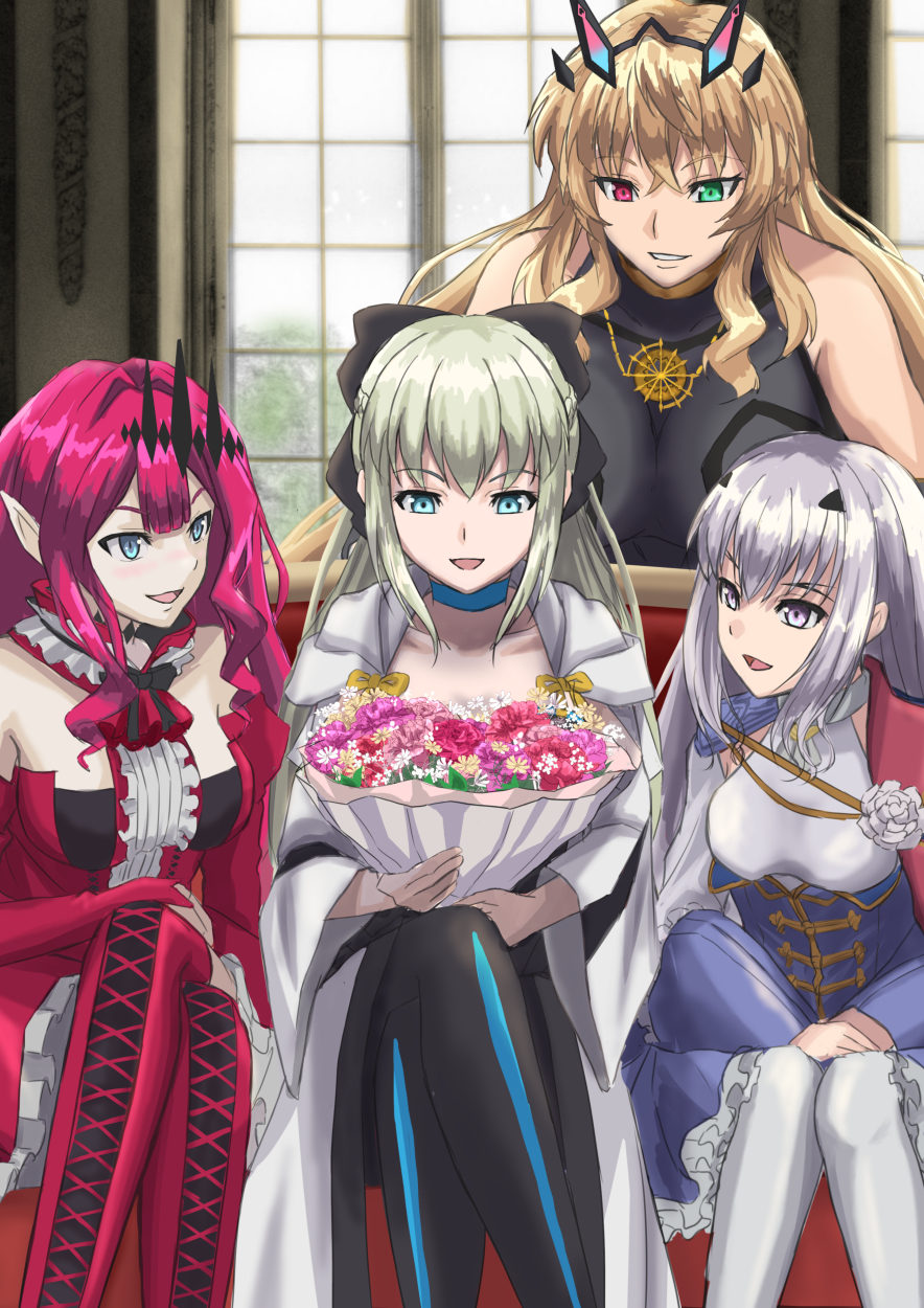 4girls aiguillette bangs bare_shoulders black_bow black_dress black_footwear blonde_hair blue_dress blue_eyes boots bouquet bow braid breasts brown_eyes cape center_frills center_opening cleavage couch crossed_legs detached_collar detached_sleeves dress fairy_knight_gawain_(fate) fairy_knight_lancelot_(fate) fairy_knight_tristan_(fate) fate/grand_order fate_(series) forked_eyebrows french_braid frills green_eyes grey_eyes grey_hair hair_bow heterochromia highres horns ksfactory large_breasts long_hair long_sleeves morgan_le_fay_(fate) mother's_day multiple_girls open_mouth pelvic_curtain pink_hair pointy_ears ponytail red_dress red_eyes red_footwear sidelocks sitting small_breasts smile thigh_boots thighhighs thighs tiara two-tone_dress very_long_hair white_dress white_hair white_legwear wide_sleeves