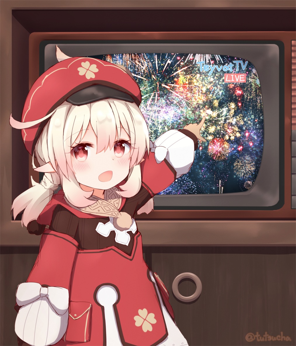 1girl ahoge bangs blonde_hair brown_gloves brown_scarf cabbie_hat cabinet clover_print coat commentary_request eyebrows_visible_through_hair fireworks genshin_impact gloves hair_between_eyes hat hat_feather hat_ornament klee_(genshin_impact) livestream long_hair long_sleeves looking_at_viewer low_twintails news night night_sky pocket pointing pointy_ears red_coat red_eyes red_headwear scarf sidelocks sky solo star_(sky) starry_sky television tutsucha_illust twintails twitter_username