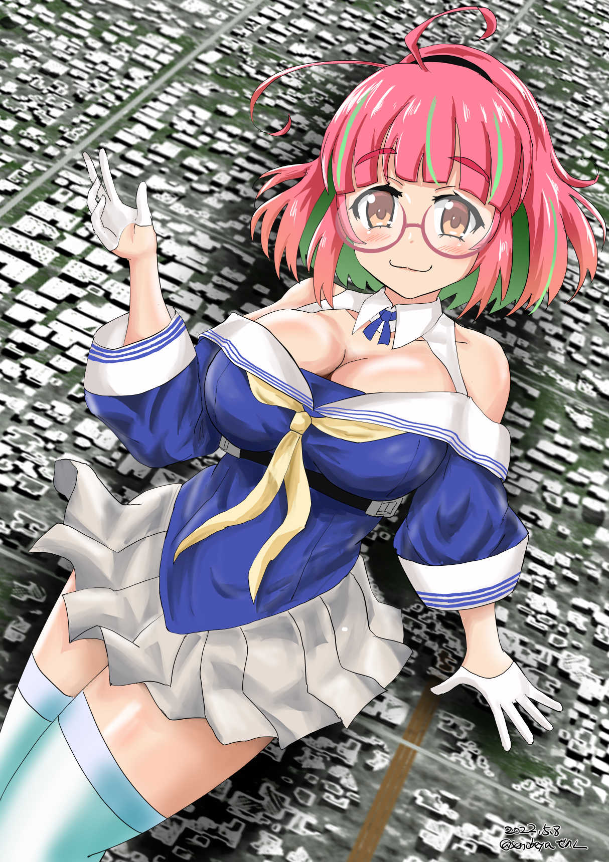 1girl blue_shirt blush breasts brown_eyes cleavage collarbone cosplay cowboy_shot detached_collar eyebrows_visible_through_hair fletcher_(kancolle) fletcher_(kancolle)_(cosplay) giant giantess glasses gloves green_hair highres indoors kantai_collection large_breasts long_sleeves looking_at_viewer multicolored_hair neckerchief off_shoulder outdoors pink-framed_eyewear pink_hair pleated_skirt ponytail red_eyes sailor_collar sailor_shirt school_uniform senon serafuku shirt short_hair skirt smile solo streaked_hair sunset sweatdrop thighhighs ume_(kancolle) white_gloves white_legwear white_sailor_collar white_skirt window yellow_neckerchief