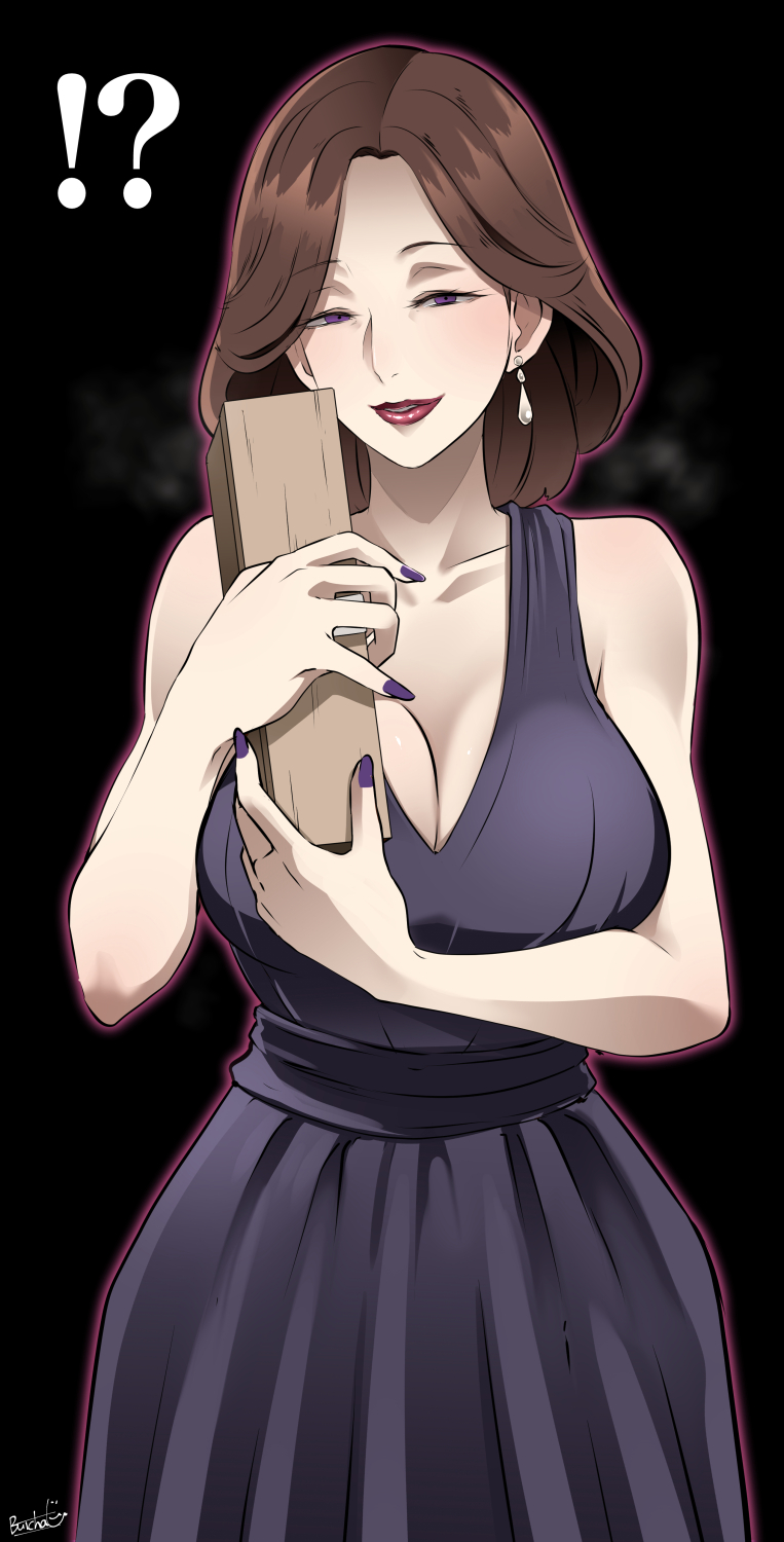!? artist_name bangs bare_shoulders black_background box breasts brown_hair butcha-u cleavage dress earrings gift gift_box highres jewelry kindaichi_shounen_no_jikenbo large_breasts looking_at_viewer medium_hair mother's_day parted_bangs purple_dress purple_eyes purple_nails smile solo standing