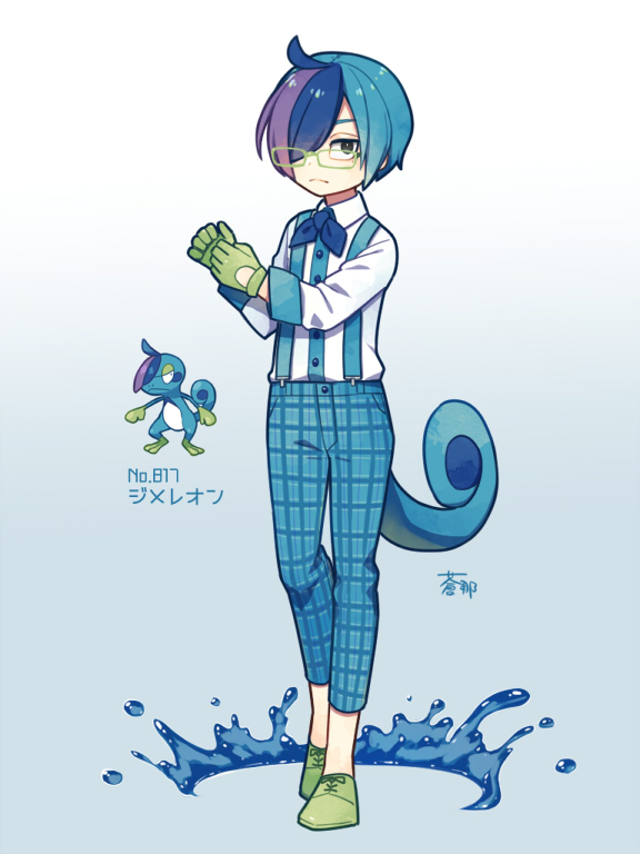 1boy ahoge aona_(noraneko) bangs blue_hair chameleon_tail character_name dress_shirt drizzile glasses gloves green-framed_eyewear grey_eyes hair_over_one_eye lizard_tail looking_at_viewer multicolored_hair neckerchief pants personification plaid plaid_pants pokedex_number pokemon purple_hair shirt short_hair signature solo suspenders tail v-shaped_eyebrows