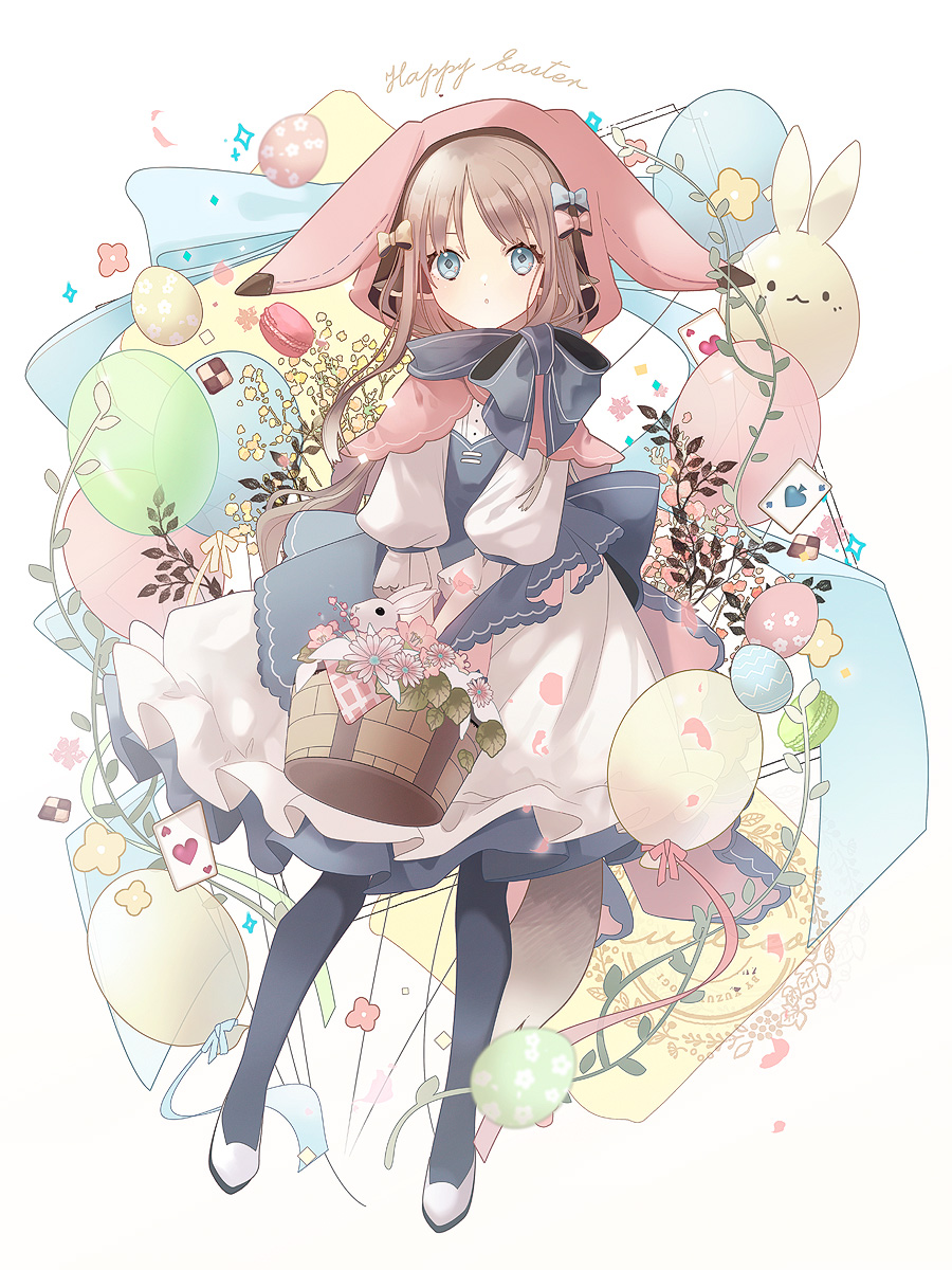 1girl :o ace_of_hearts ace_of_spades animal animal_ears animal_hood apron balloon bangs black_legwear black_skirt blue_bow blue_eyes bow brown_bow brown_hair bunny capelet checkerboard_cookie commentary_request cookie easter_egg egg eyebrows_behind_hair fake_animal_ears flower food full_body hair_bow happy_easter heart highres holding hood hood_up hooded_capelet long_hair macaron original pantyhose parted_bangs parted_lips pink_bow pink_flower puffy_short_sleeves puffy_sleeves rabbit_ears rabbit_hood shirt shoes short_sleeves skirt solo spade_(shape) white_apron white_background white_footwear white_shirt yuzuyomogi