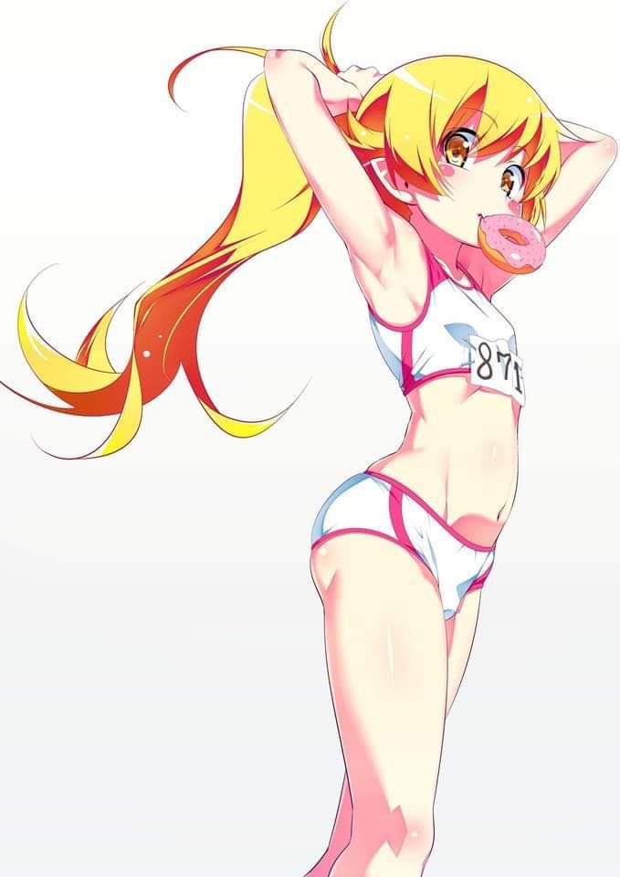 1girl biting blonde_hair blush_stickers doughnut elbow_blush food holding holding_food long_hair looking_at_viewer monogatari_(series) non-web_source numbered oshino_shinobu pants ponytail simple_background solo sports_bra tanabe_kyou track_and_field track_pants track_uniform tying_hair yellow_eyes