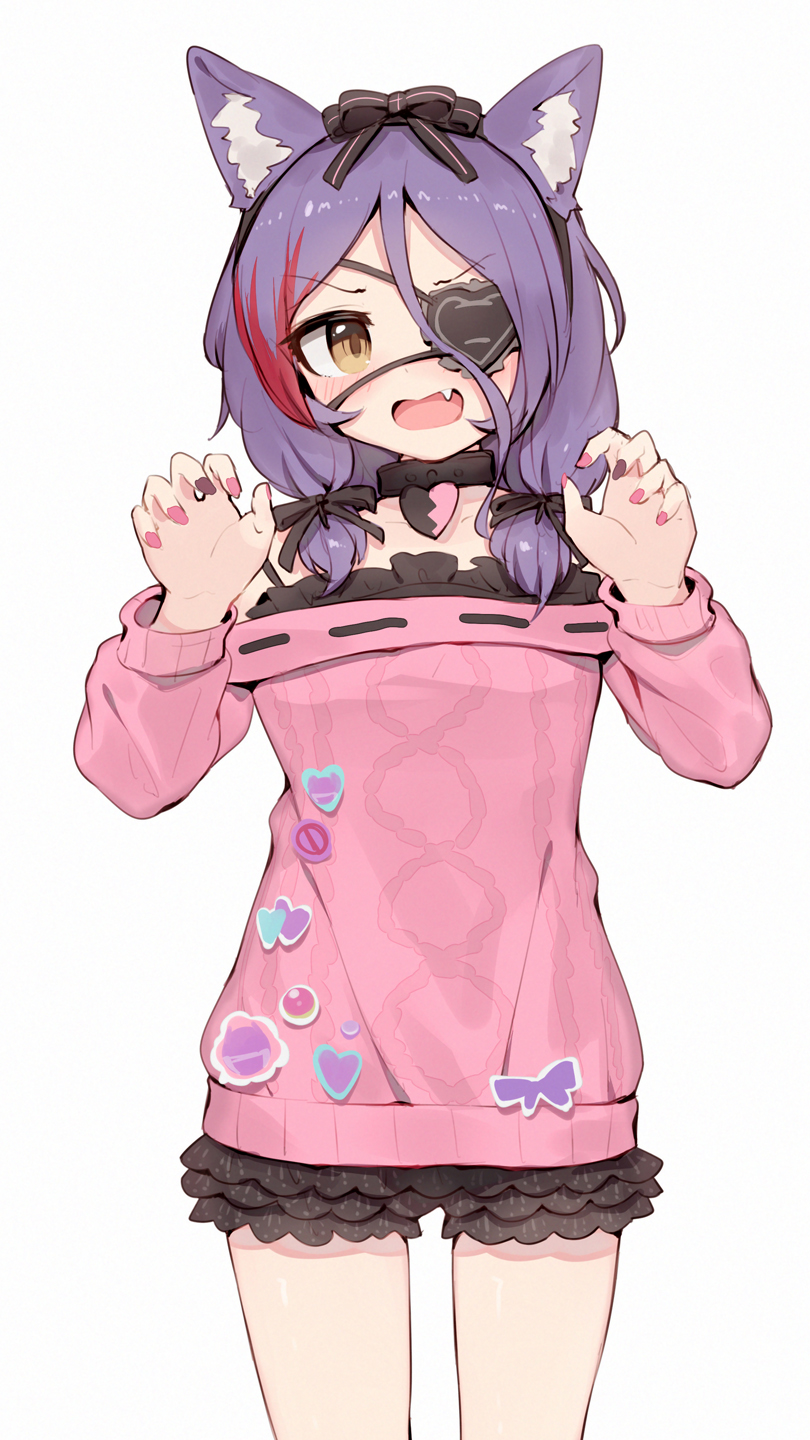 1girl animal_ears black_ribbon claw_pose collar dress eyebrows_visible_through_hair eyepatch fake_animal_ears fang hair_ribbon hairband hayasaka_mirei highres idolmaster idolmaster_cinderella_girls long_hair long_sleeves looking_at_viewer multicolored_hair multicolored_nails nail_polish off-shoulder_sweater off_shoulder open_mouth pink_nails purple_hair purple_nails red_hair ribbon shone simple_background solo streaked_hair sweater sweater_dress two-tone_hair white_background yellow_eyes