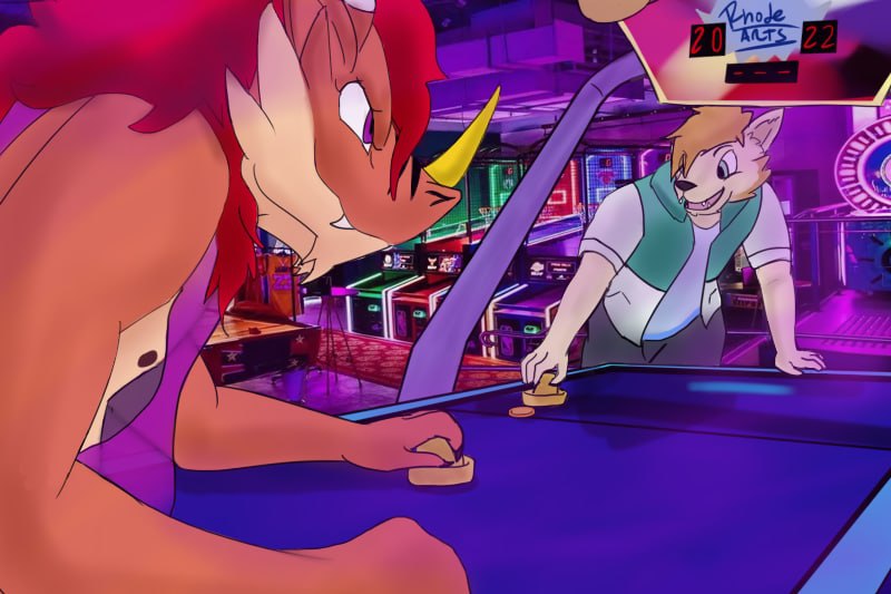 2022 air_hockey anthro arcade blue_eyes breasts canid clothing dragon duo fangs fur male mammal orange_body photo_background red_eyes rhode_arts scoreboard shirt side_boob signature tan_body tan_fur tank_top topwear