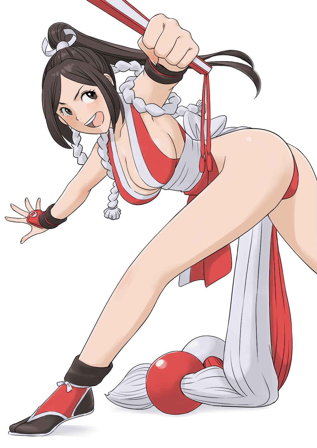 1girl :d ass bare_shoulders breasts brown_eyes brown_hair cleavage closed_fan fatal_fury folding_fan hand_fan high_ponytail highres japanese_clothes looking_at_viewer ninja pelvic_curtain ponytail revealing_clothes rope shigenobu shiranui_mai sideboob smile solo the_king_of_fighters