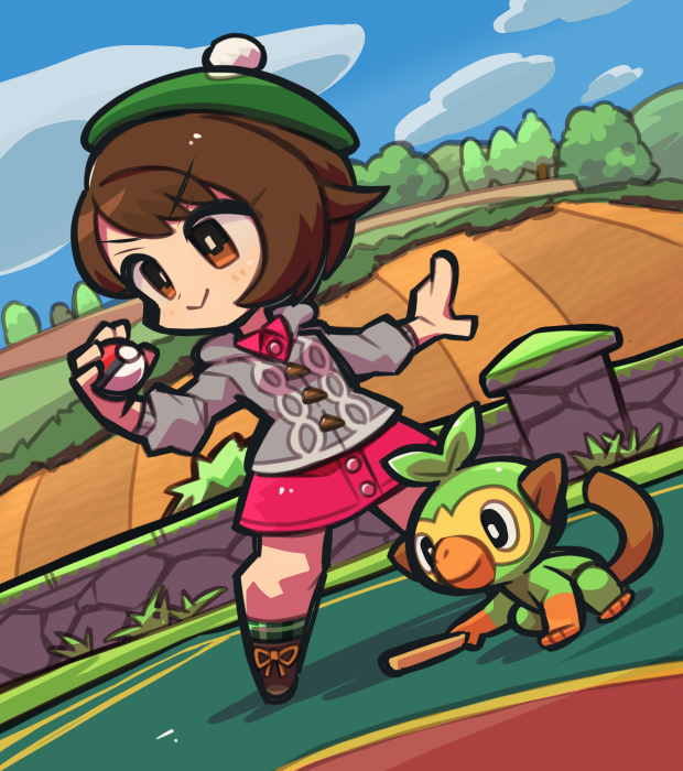 1girl blush bob_cut boots brick_wall brown_eyes brown_footwear brown_hair buttons cable_knit cardigan chibi closed_mouth cloud collared_dress commentary_request day dress gloria_(pokemon) green_headwear green_legwear grey_cardigan grookey hat holding holding_poke_ball hooded_cardigan ibara. outdoors pink_dress plaid plaid_legwear poke_ball poke_ball_(basic) pokemon pokemon_(creature) pokemon_(game) pokemon_swsh short_hair sky smile socks standing tam_o'_shanter