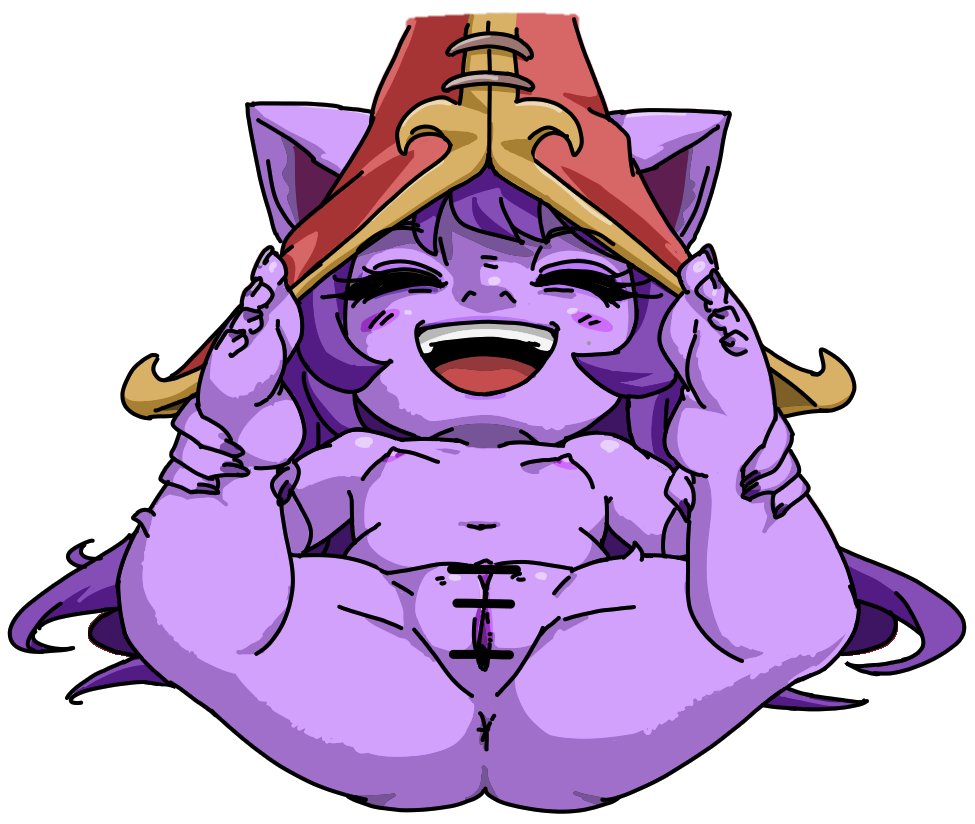 anus bee_haji blush breasts butt censored clothing eyes_closed female genitals hair hat headgear headwear humanoid league_of_legends leg_grab legs_up lulu_(lol) lying on_back purple_body purple_hair pussy riot_games small_breasts smile solo spread_legs spreading video_games witch_hat yordle