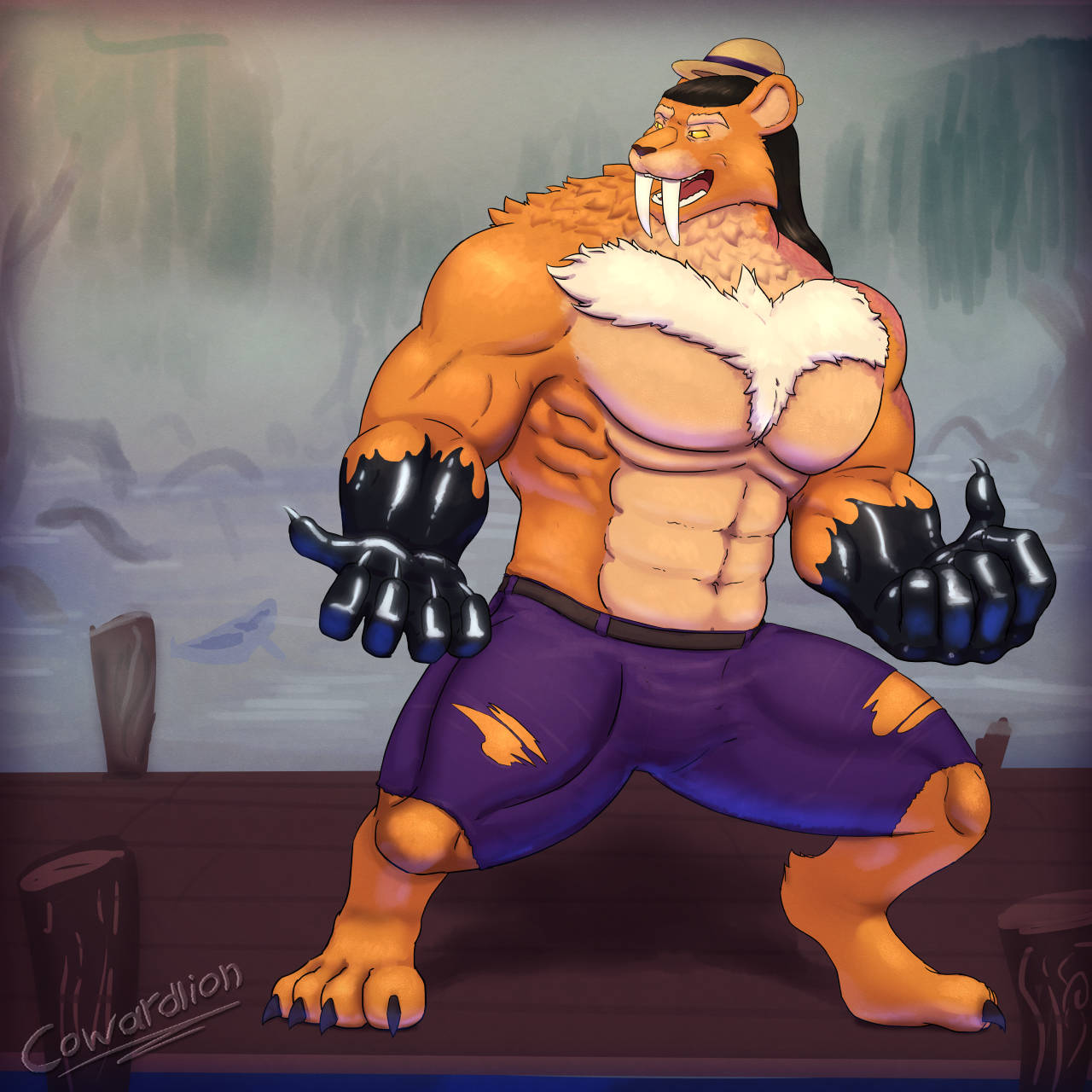 anthro big_muscles bottomwear claws clothing cowardlion felid feline haki hat headgear headwear hi_res huge_muscles machairodontine male mammal muscular pants sabertooth_(disambiguation) small_hat solo straw_hat swamp