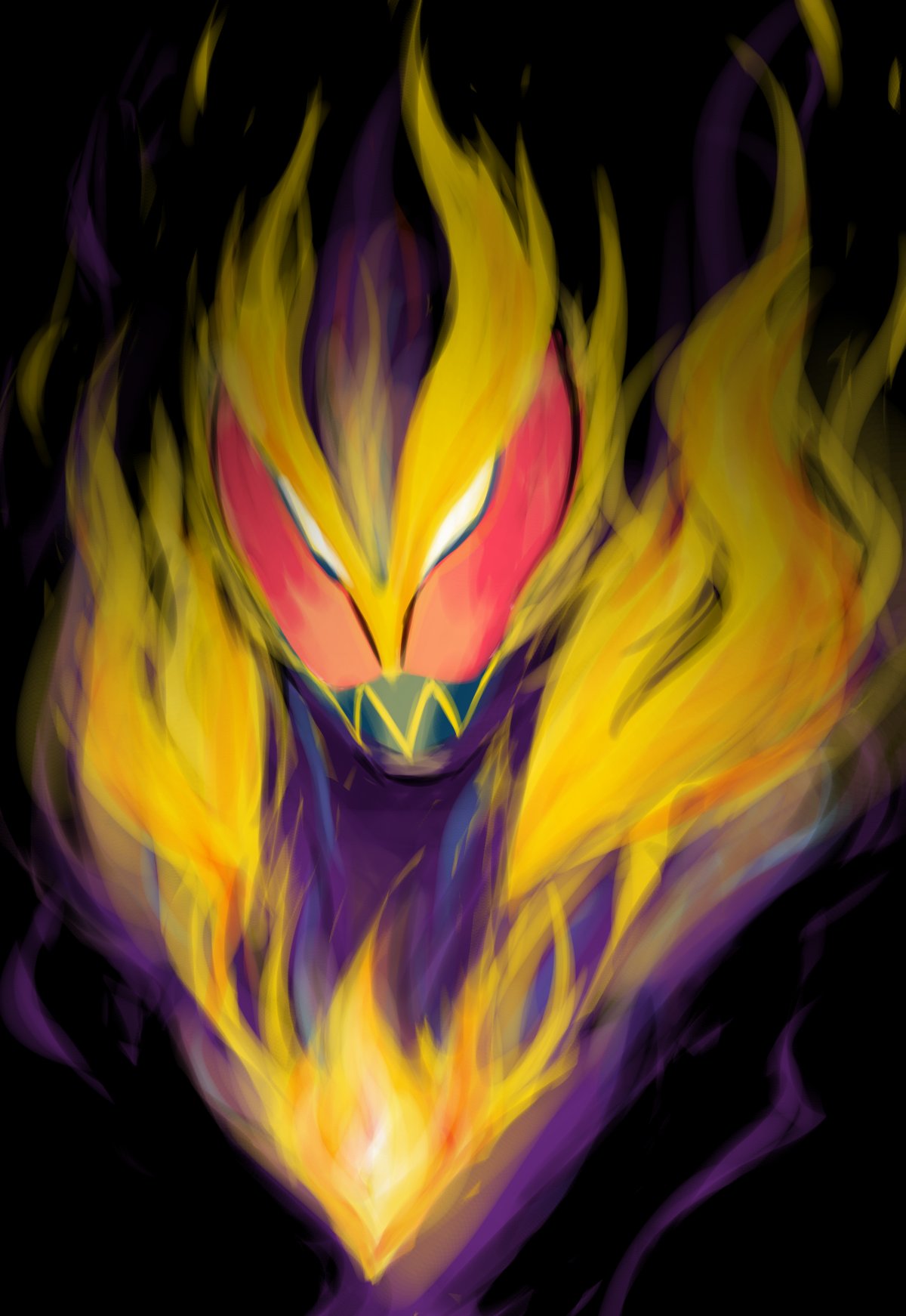 1boy asymmetrical_horns black_background fire flame_print gold_horns highres horns kamen_rider kamen_rider_revi kamen_rider_revice male_focus orange_eyes purple_armor shadow_(modeler3622) sharp_teeth simple_background stylistic teeth tyrannosaurus_rex upper_body volcano volcano_genome volcano_rex