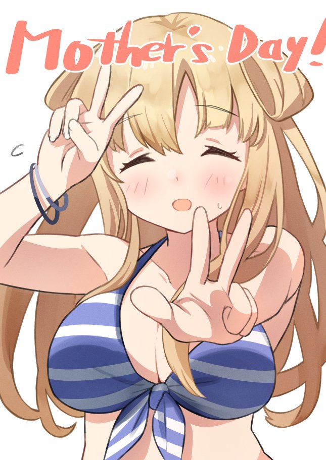 bikini bikini_top_only blonde_hair breasts closed_eyes double_bun double_v fletcher_(kancolle) kantai_collection large_breasts long_hair mother's_day sanninme_no_haru simple_background smile swimsuit v