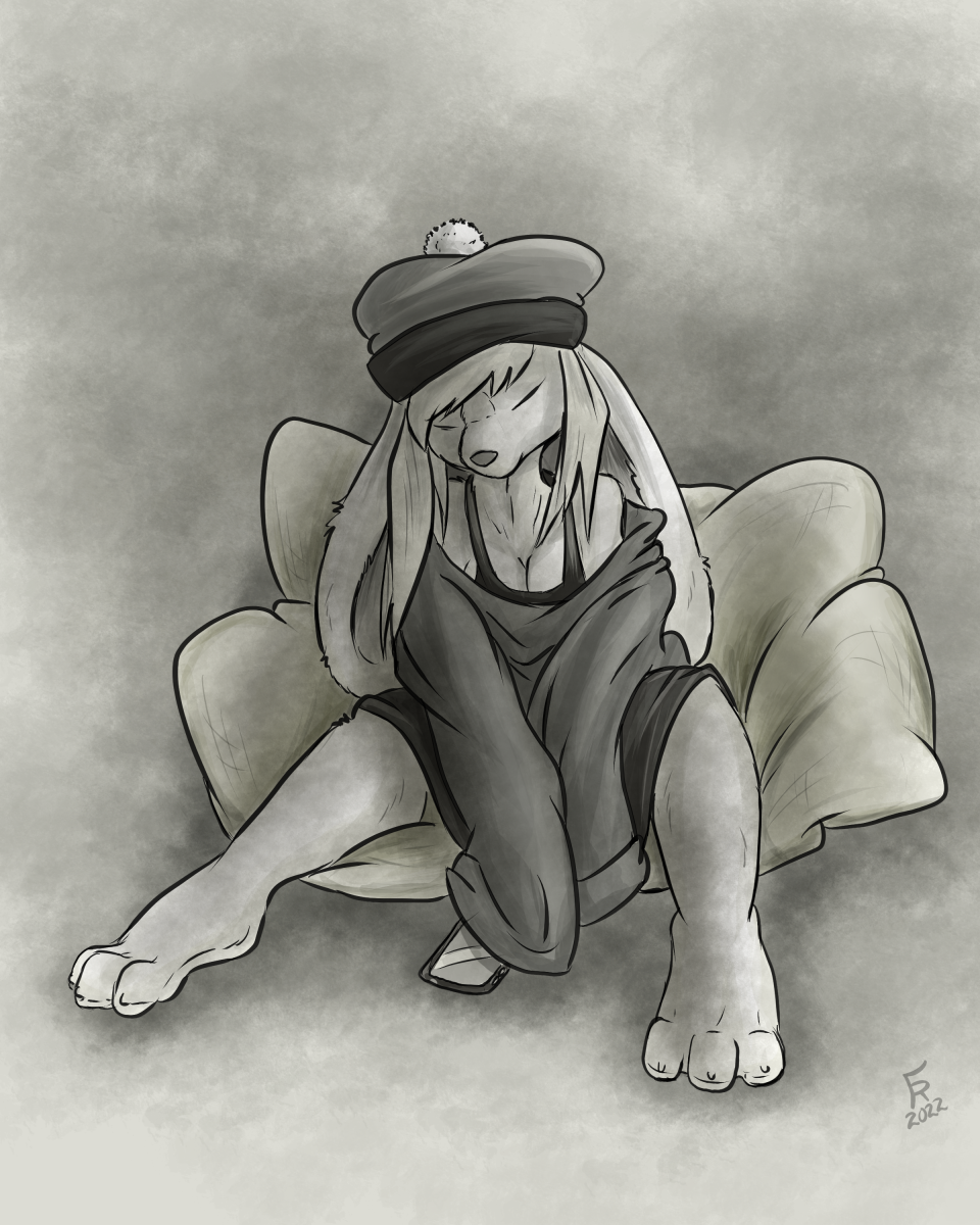 2022 anthro breasts cellphone cleavage clothed clothing eyes_closed female flinters fur greyscale hair hat headgear headwear hi_res lagomorph leporid mammal monochrome phone pillow rabbit shirt sleeping solo tank_top topwear