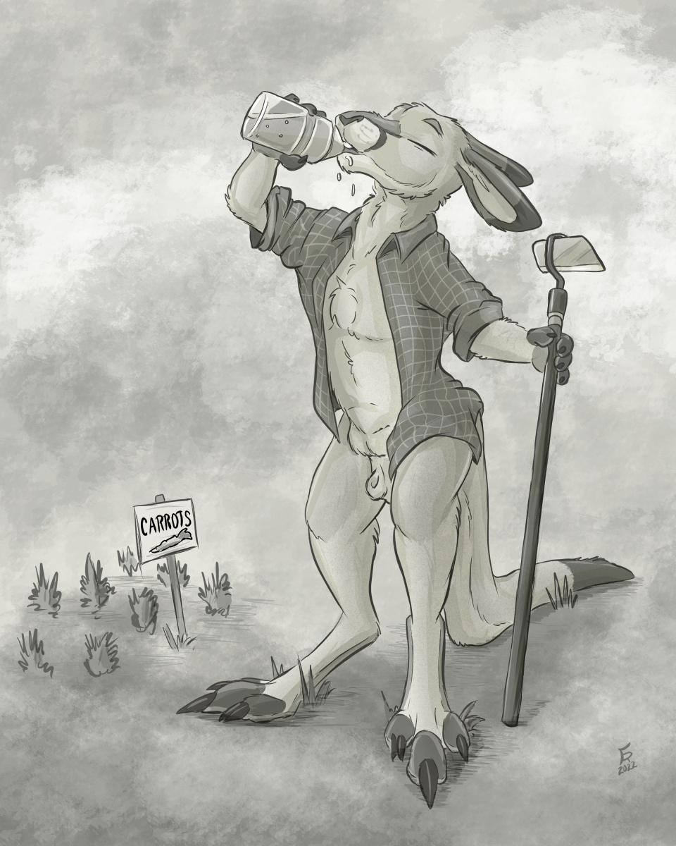 2022 animal_genitalia anthro beverage bottomless clothed clothing dipstick_ears dipstick_tail drinking eyes_closed flinters fully_sheathed fur genitals greyscale hi_res hoe kangaroo macropod male mammal markings marsupial monochrome multicolored_ears open_clothing open_shirt open_topwear rufus_black sheath shirt solo tail_markings tools topwear