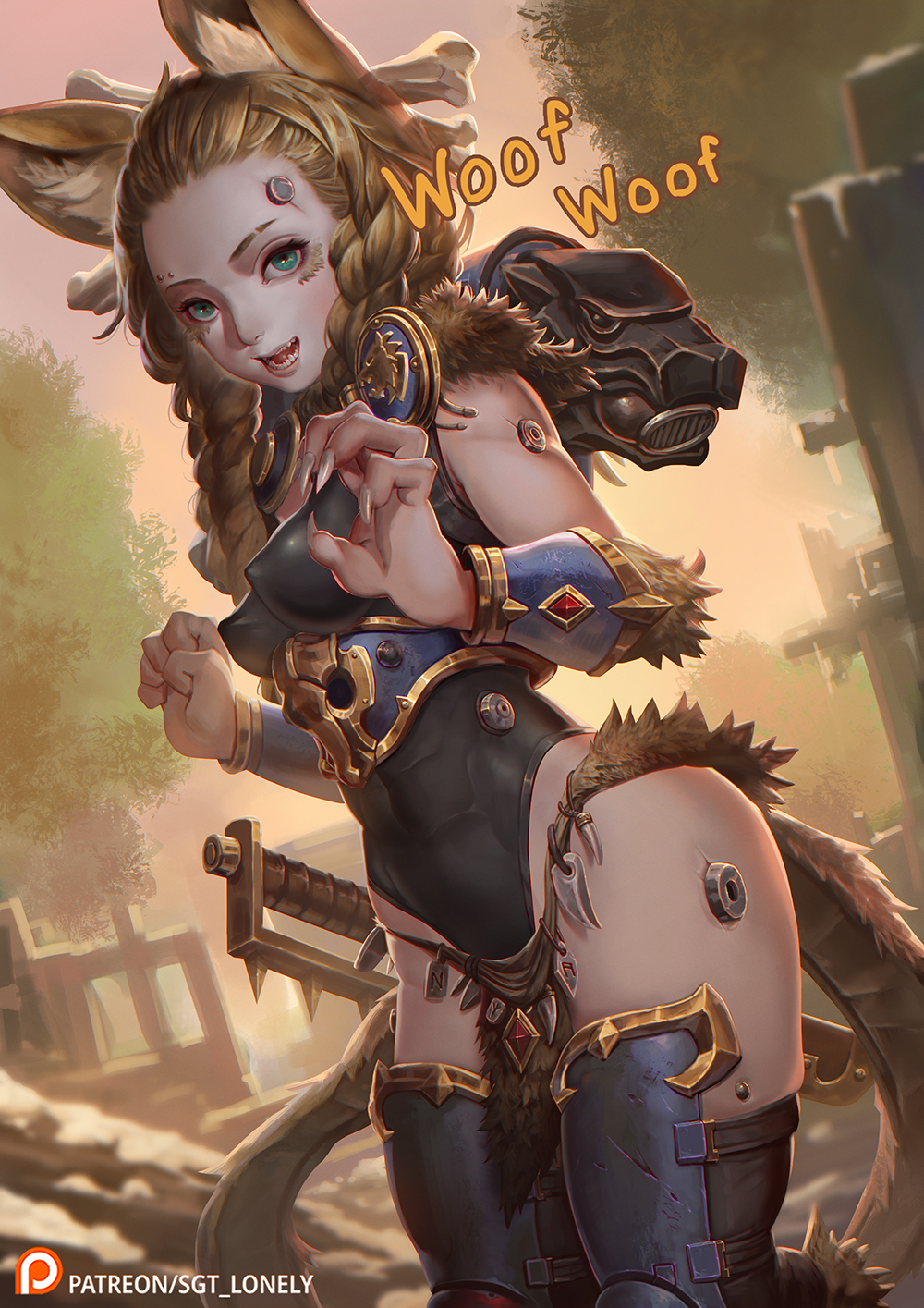 2022 5_fingers anthro armor black_nose blonde_hair blue_eyes bracers braided_hair breasts clothing detailed_background eyebrow_piercing facial_piercing female fingers hair hi_res inner_ear_fluff leg_armor leotard long_hair looking_at_viewer melee_weapon nipple_outline open_mouth open_smile patreon piercing plant sgt-lonely sharp_teeth smile solo sword teeth text tight_clothing tree tuft url warhammer_(franchise) weapon wulfen