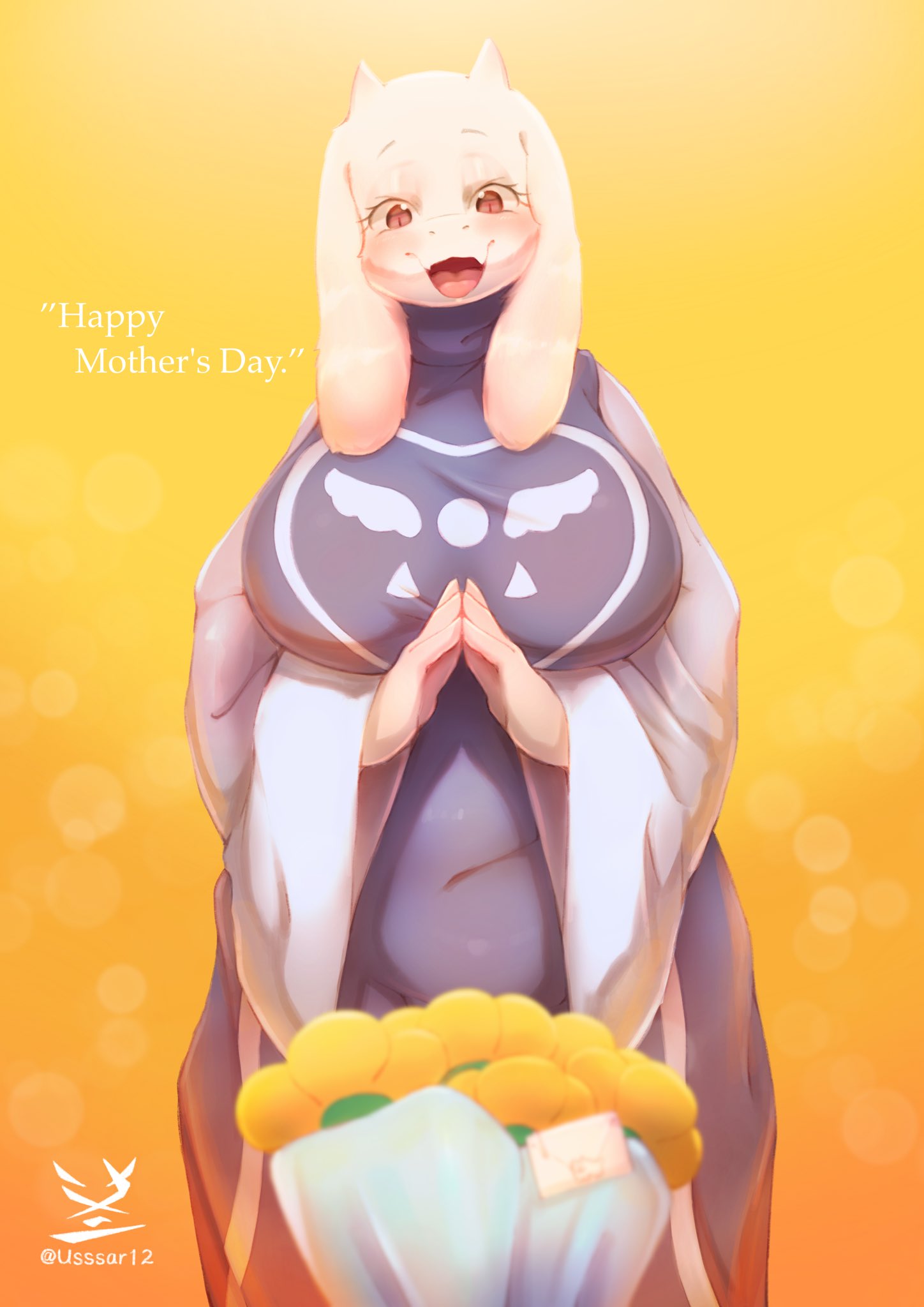 anthro artist_name big_breasts blush boss_monster bovid breasts caprine clothed clothing english_text eyebrows female fingers floppy_ears flower fur hi_res holidays horn huge_breasts long_ears mammal mature_anthro mature_female mother's_day open_mouth plant robe solo standing text toriel undertale undertale_(series) usssar12 video_games white_body white_fur