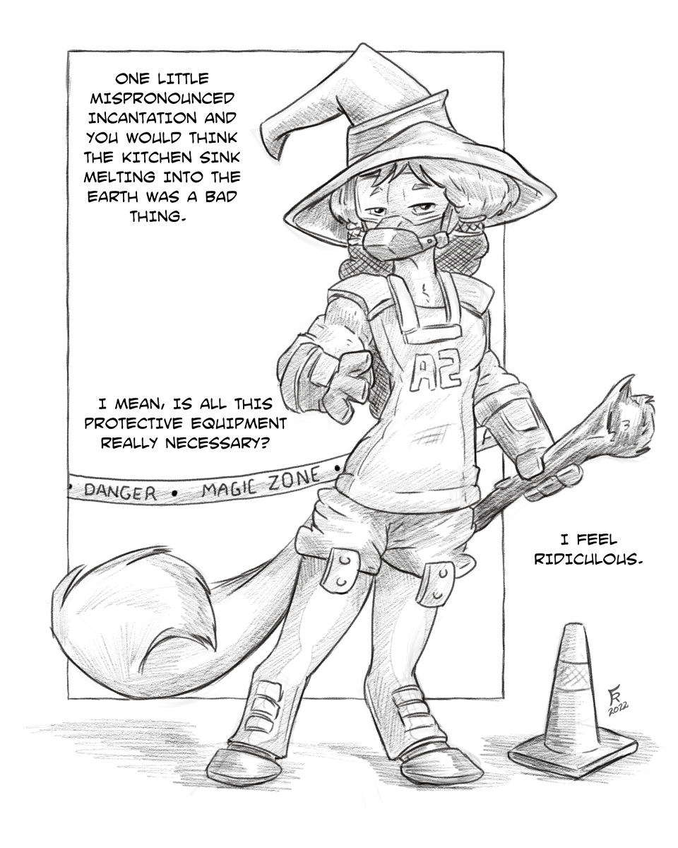 ambiguous_species anthro clothed clothing dialogue english_text female flat_chested flinters fur gas_mask gloves hair half-closed_eyes handwear hat headgear headwear hi_res hooves mask narrowed_eyes solo staff text traffic_cone