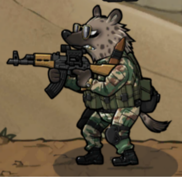 bad_2_bad:_delta_(game) fur gun hyaenid low_res male mammal ranged_weapon solo spotted_hyena war weapon