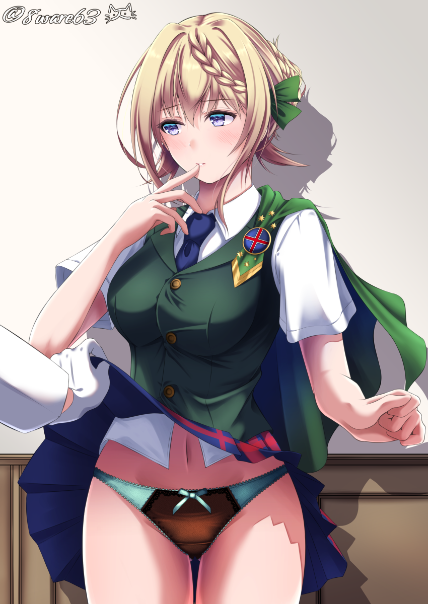 1girl black_panties blonde_hair blue_necktie blue_skirt braid braided_bangs braided_bun breasts cloak clothes_lift commentary_request dress_shirt gloves green_cloak green_panties green_vest hachiware_(8ware63) highres kantai_collection large_breasts lifted_by_another long_sleeves male_hand miniskirt multicolored_clothes multicolored_panties navel necktie panties perth_(kancolle) plaid plaid_skirt pleated_skirt purple_eyes school_uniform shirt short_sleeves skirt skirt_lift solo_focus standing underwear vest white_gloves white_shirt