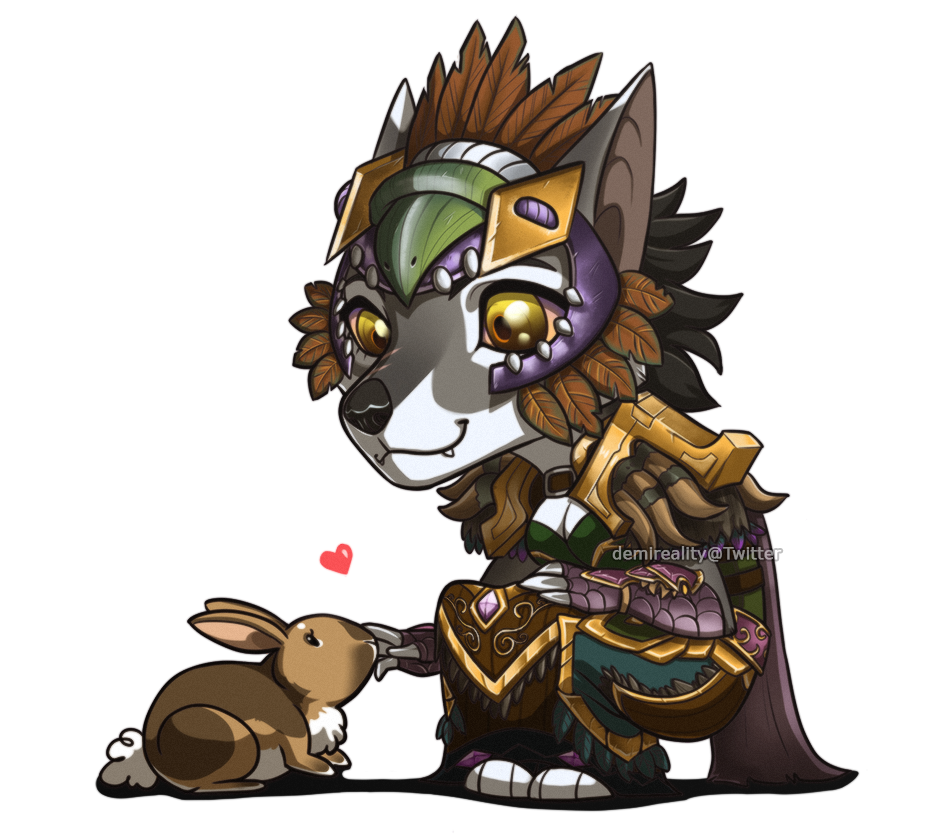 ambiguous_gender anthro armor artist_name biped black_nose breasts brown_body brown_ears brown_fur canid cape chest_tuft chibi clothing crouching dipstick_ears duo fangs female feral fur glistening glistening_eyes gold_(metal) gold_armor grey_ears lagomorph leporid mammal multicolored_body multicolored_ears multicolored_fur quadruped rabbit simple_background smile tuft two_tone_body two_tone_fur white_background white_body white_ears white_fur white_tail yellow_eyes