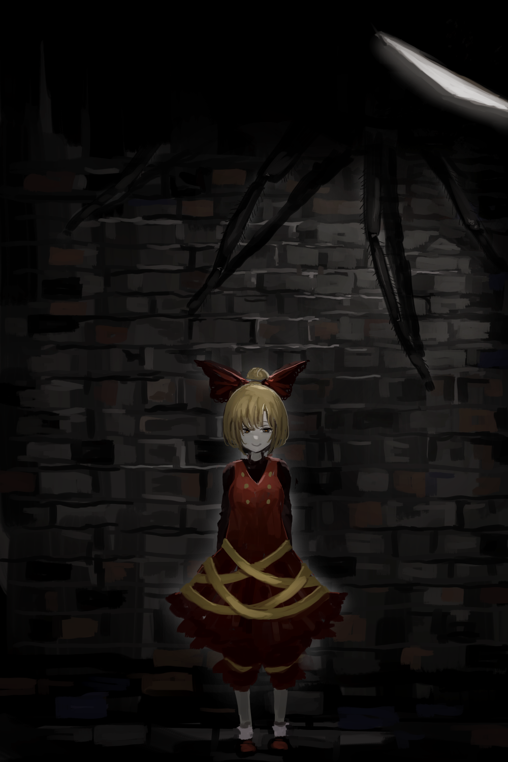 1girl black_shirt blonde_hair bow brick_wall bug buttons closed_mouth double-breasted dress giant_spider hair_bow hair_bun highres horror_(theme) kurodani_yamame long_sleeves looking_at_viewer okbnkn red_bow red_dress red_footwear shirt shoes smile socks solo spider standing touhou white_legwear