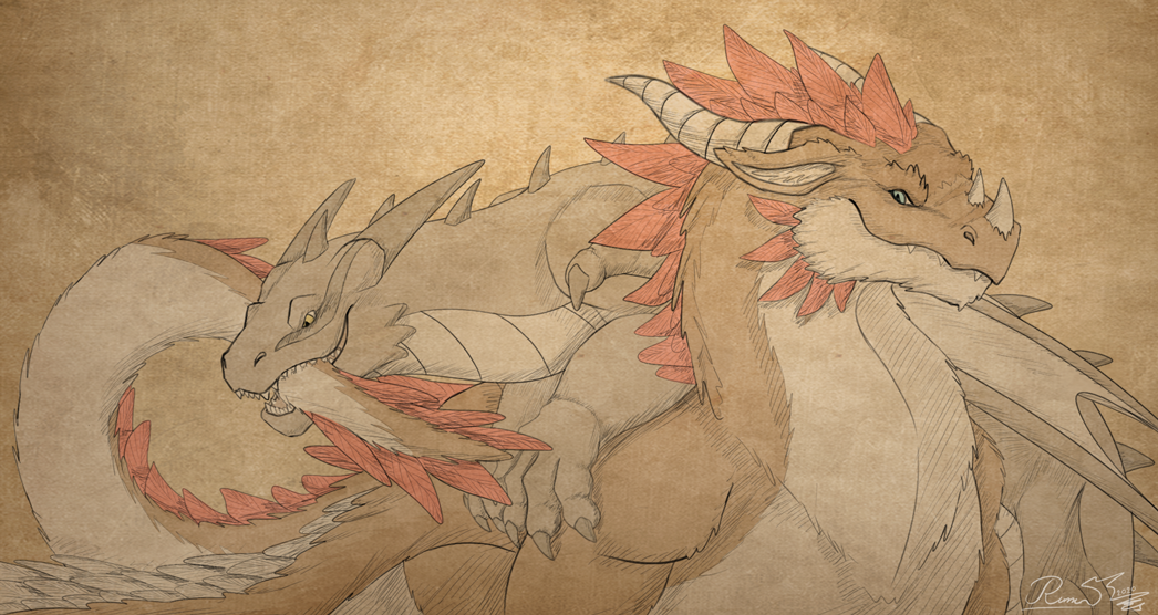 2020 2_horns ambiguous_gender belly_scales bite blue_eyes brown_body brown_fur dragon duo feathered_wings feathers female_(lore) feral fleur_(rimentus) fur furred_dragon grey_body grey_scales horn male membrane_(anatomy) membranous_wings nose_spike red_body red_feathers rimentus rimentus_(character) scales scalie signature smile smirk tail_bite tail_in_mouth the_mystery_of_caketropolis white_body white_fur wings yellow_eyes